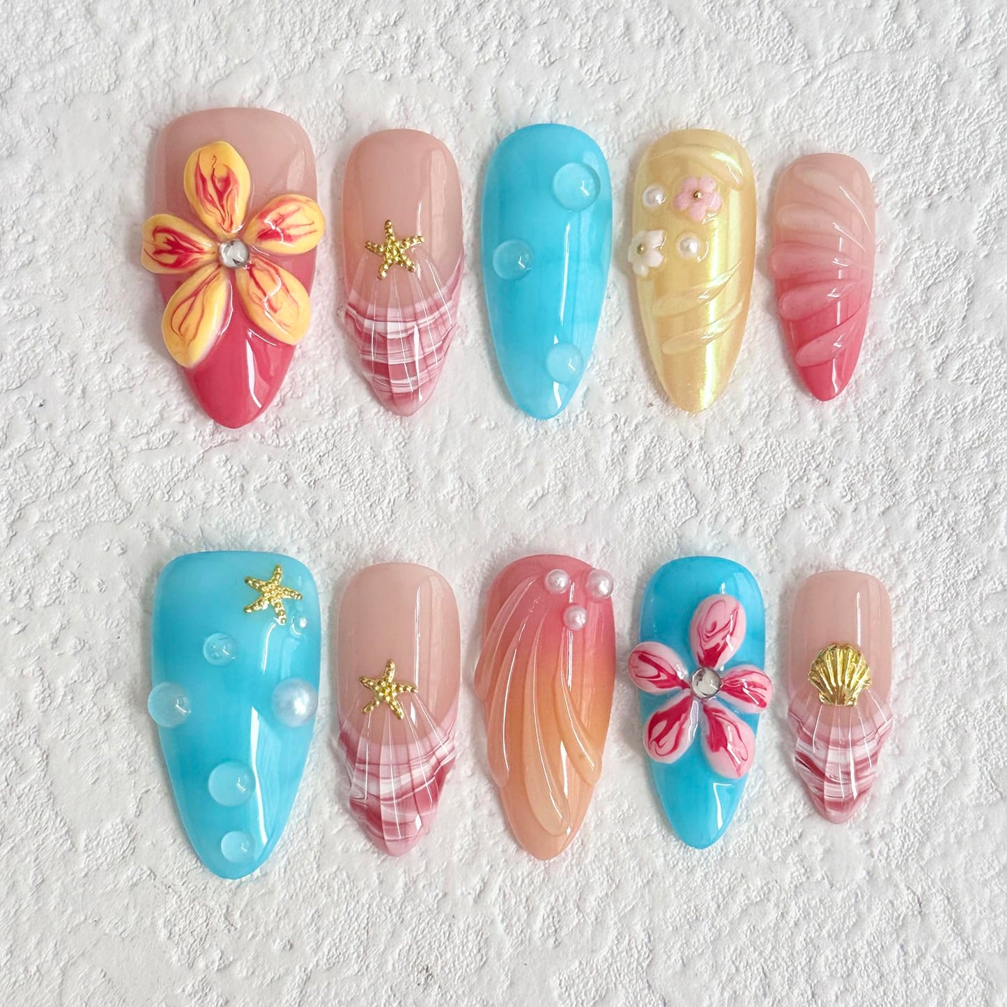 Luxury Press on Nails Medium Almond Handmade 3D Unique Reusable ABS Material Fake Nails French Tip False Nails with Designs Flower Hawaii Ocean Art Petal Glossy Glue on Nail Thick Acrylic Nail(S)