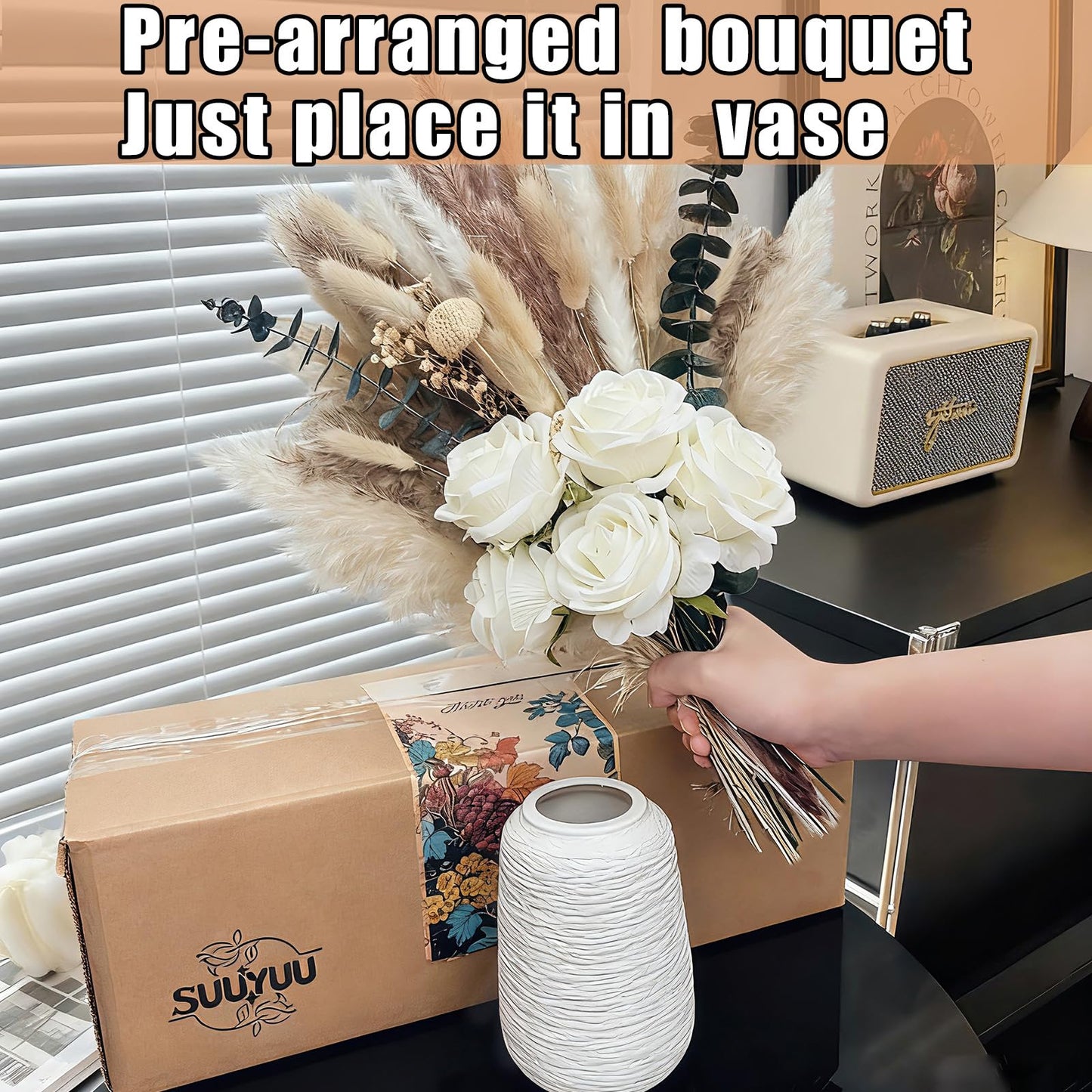 100pcs Dried Pampas Grass with Vase, Includes Artificial Silk Roses, Boho Natural Dried Flowers for Coffee Table Dining Room Home Decor Centerpiece, Farmhouse Rustic Floral Decoration for Living Room