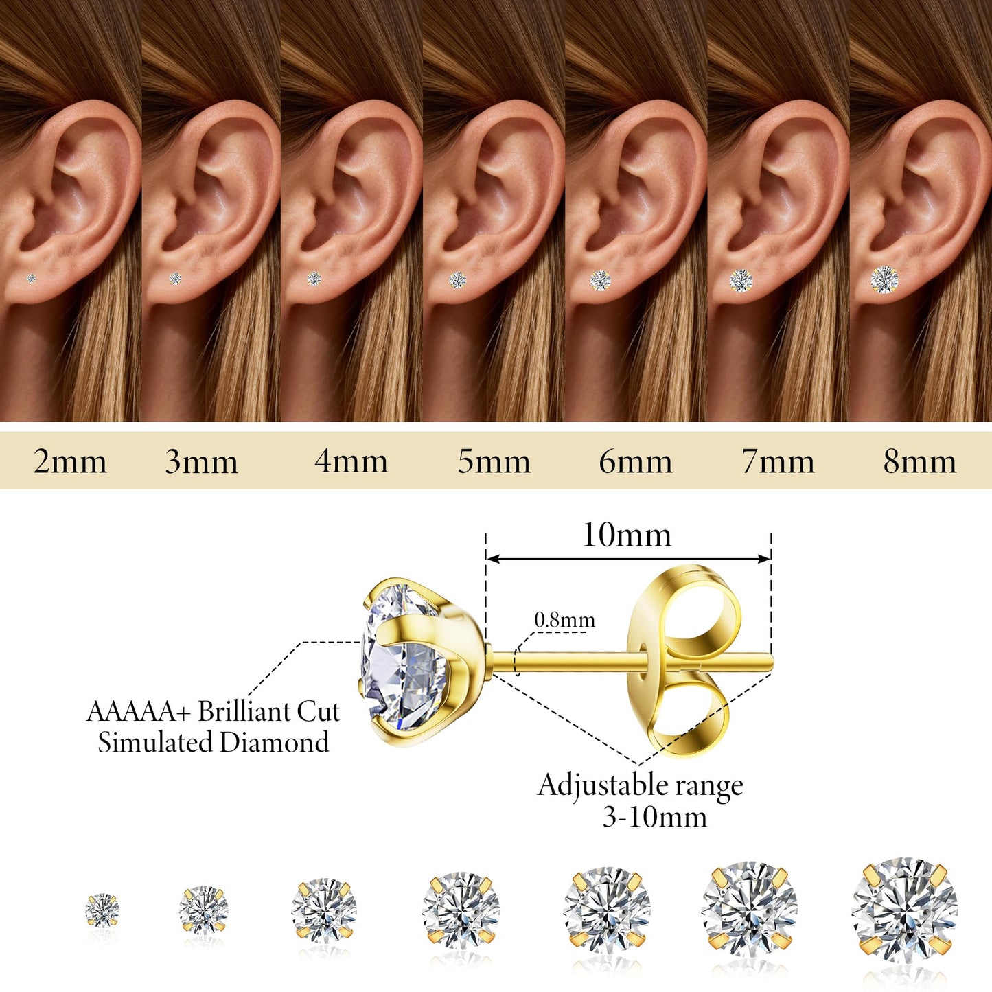 Arminor 7 Pairs 20G Stud Earrings for Women Men Hypoallergenic 316L Surgical Stainless Steel Earrings for Multiple Piercing | AAAAA+ Cubic Zirconia Earring Stacks with Butterfly & Silicone Backs
