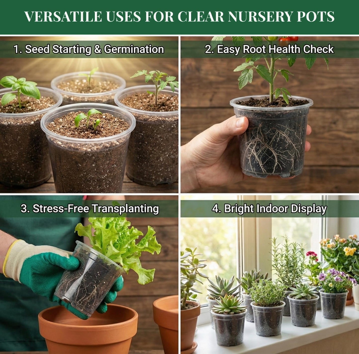 ENNUFO Clear Nursery Pots with Drainage, 126 Pcs Set, 4/5 Inch Plastic Pots for Indoor Plants, Seed Starter Kit with Plant Saucers, Clear Plant Pots with Drainage Holes, Pot Liners, Labels & Tools