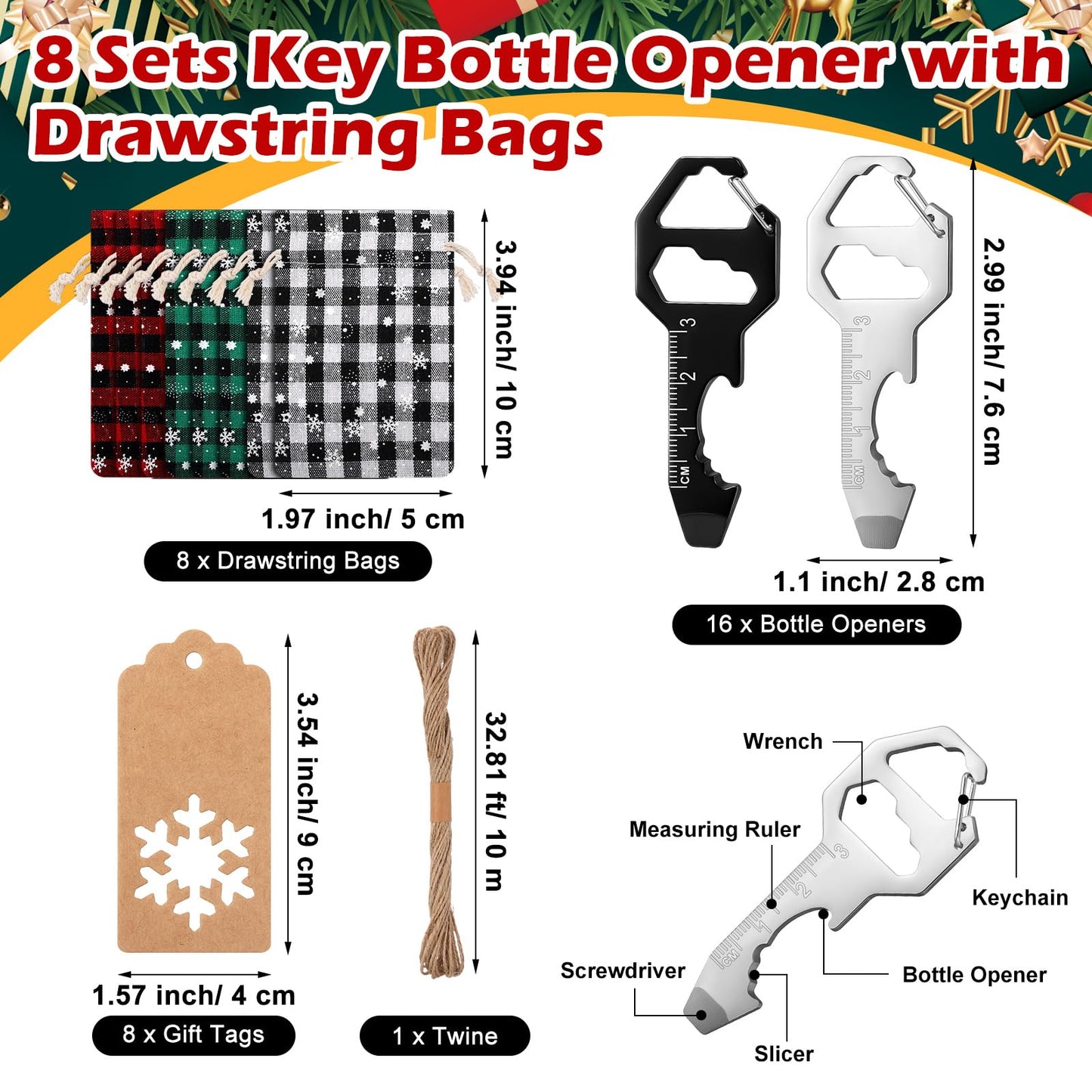 Potchen 8 Set Christmas Key Bottle Opener Multitool Gifts White Elephant Gifts for Men Adults Dad Include 16 Xmas 6 in 1 Keychain Tool EDC Gadget 8 Drawstring Bag with Tag Holiday Winter Party Favors