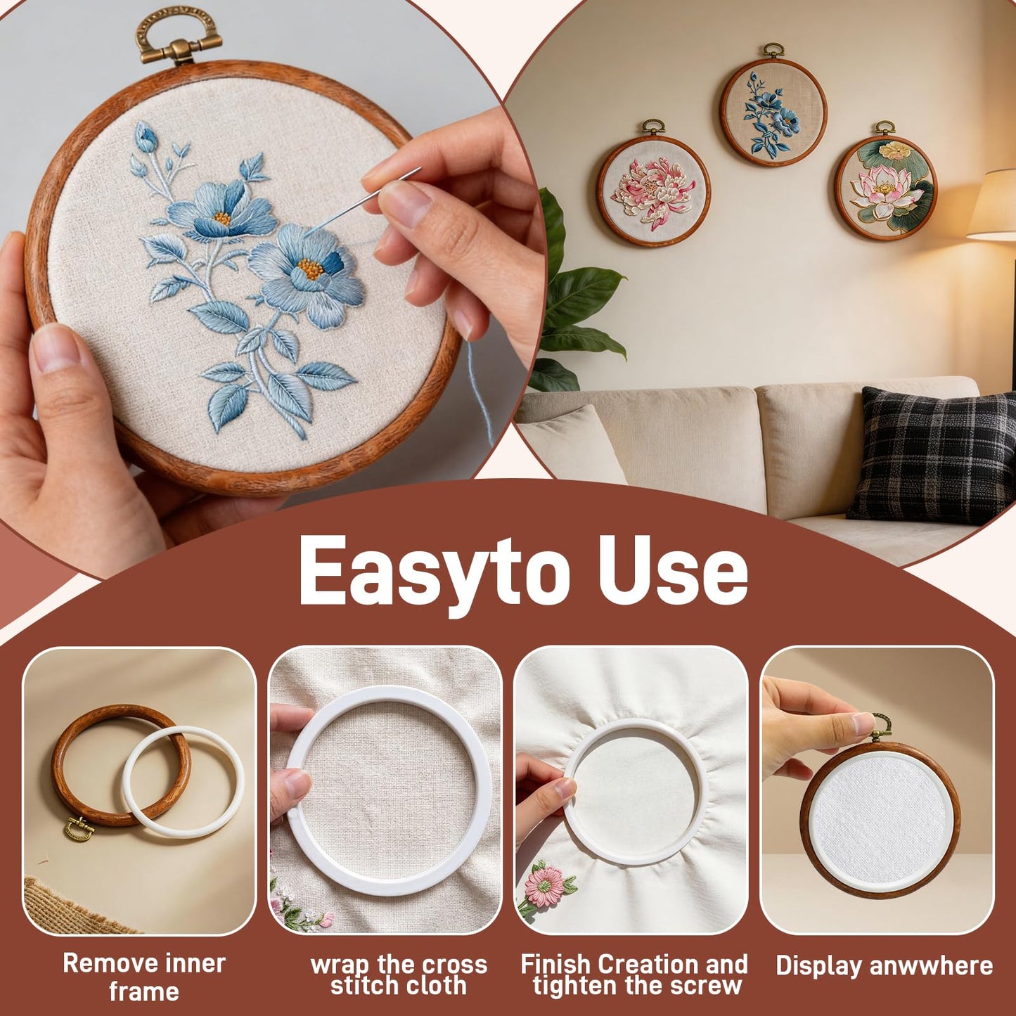 YICO 15 Pieces 3.6 Inch Round Embroidery Hoop Set Imitated Wood Grain Rubber Cross Stitch Frame for DIY Crafts Display Decorative Hanging Circle for Needlework and Ornaments