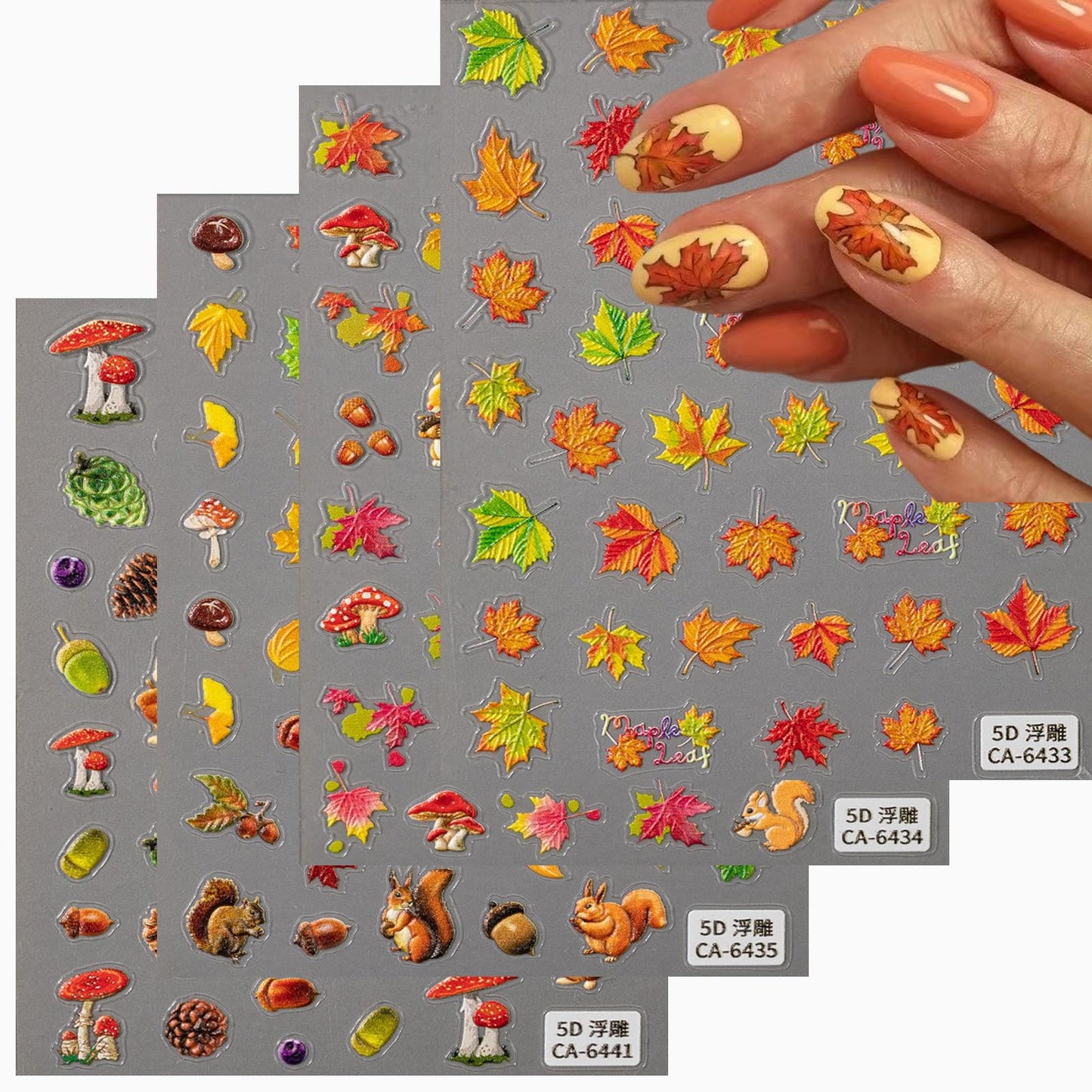 Fall Nail Stickers 5D Embossed 3D Self-Adhesive Maple Leaves Nail Art Stickers Mushroom Nail Designs Cute Squirrel Nails Decal Pine Cone Pumpkin Nails Supplies for Women DIY Acrylic Nails 4 Sheets