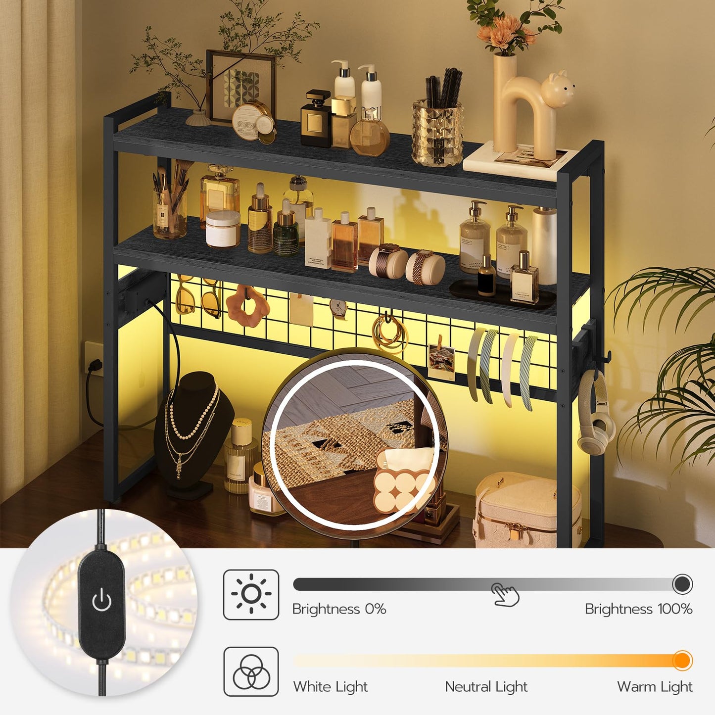 HOOBRO Desktop Bookcase, 37.4" Large Desk Shelf, 2-Tier Desktop Organizer, Wooden Office Storage Rack with Outlets, Display Shelf Rack with Light Strip, Desk Hutch for Office, Black BB13UDSJ01