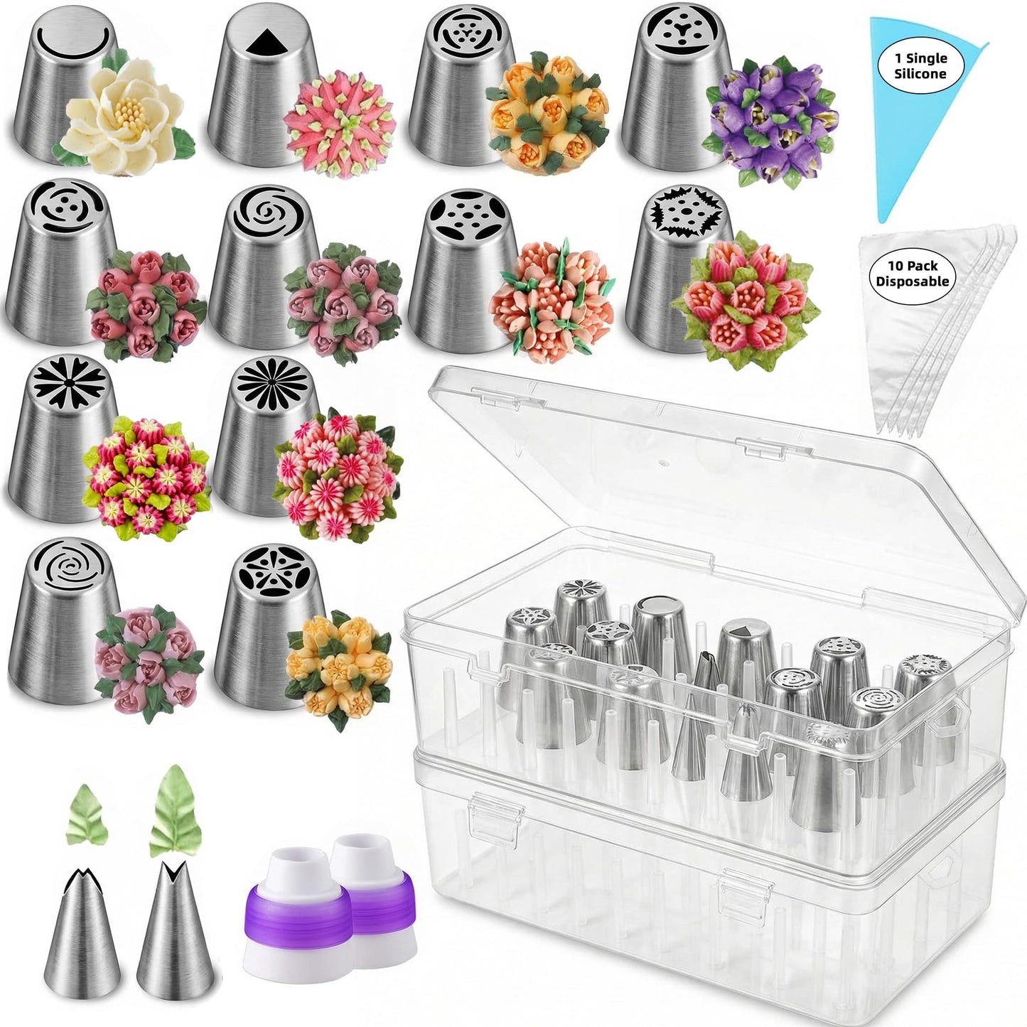 29 Pcs Russian Piping Tips Set with 2 Pcs Piping Tip Organizer, 12 Flower Frosting Nozzles Icing Tips, Leaf Tips, Couplers and Pastry Bags, Complete Cake Decorating Kit and Baking Tool Storage