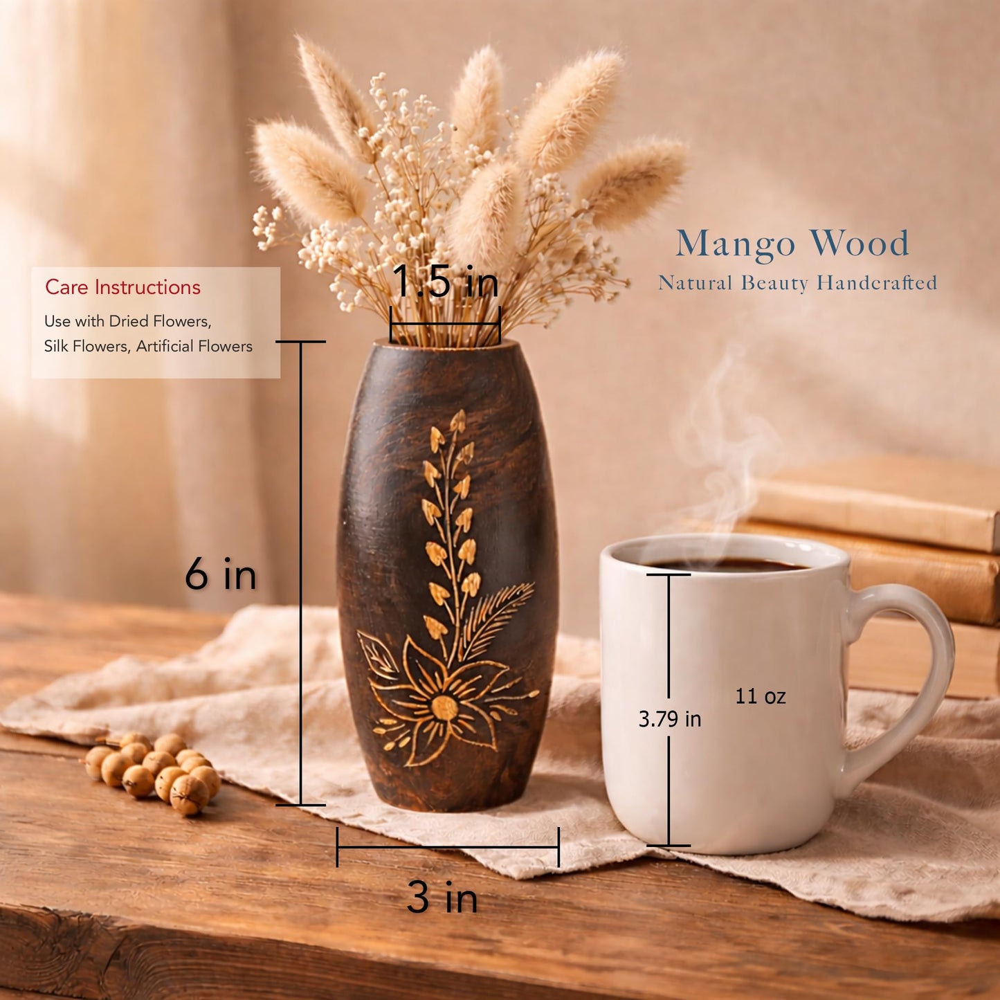 AeraVida Hand-Carved Mango Tree Wood Flower Vase Dark Brown Oval Tabletop Decorative Vase 6 Inch Small Rustic Home Decor for Living Room Dried Floral Display