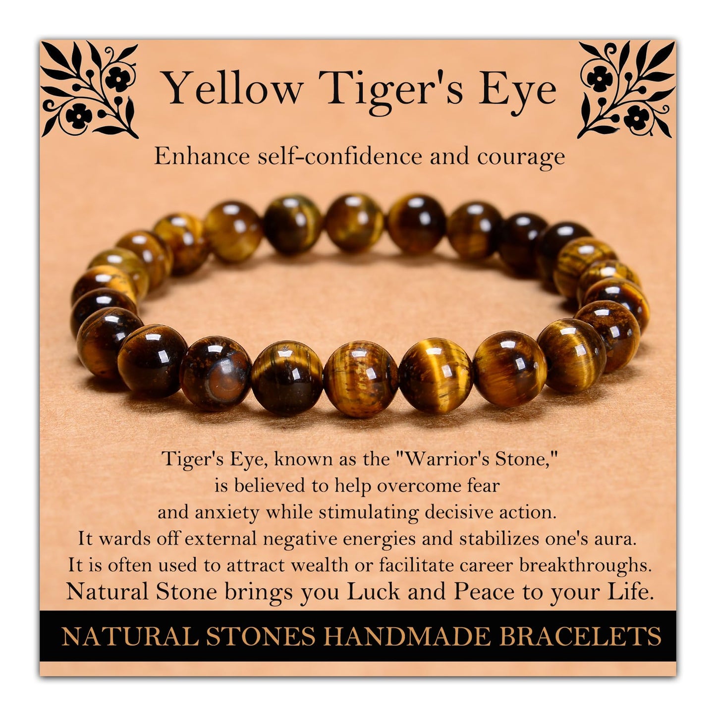 Handmade Natural Gemstone Elastic Bracelet - Healing Crystal Beads Jewelry, Unisex (Yellow Tiger's Eye, 8mm)
