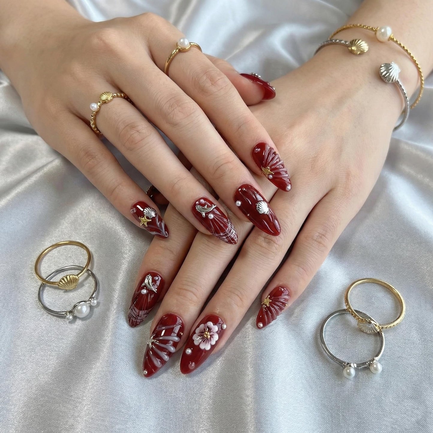 Almond Press on Nails Medium Fake Nails Brown Artificial Nail Seeneey 3D Flowers Pearl Gold Charm Designs Beach Stick on Nail for Women 30pcs