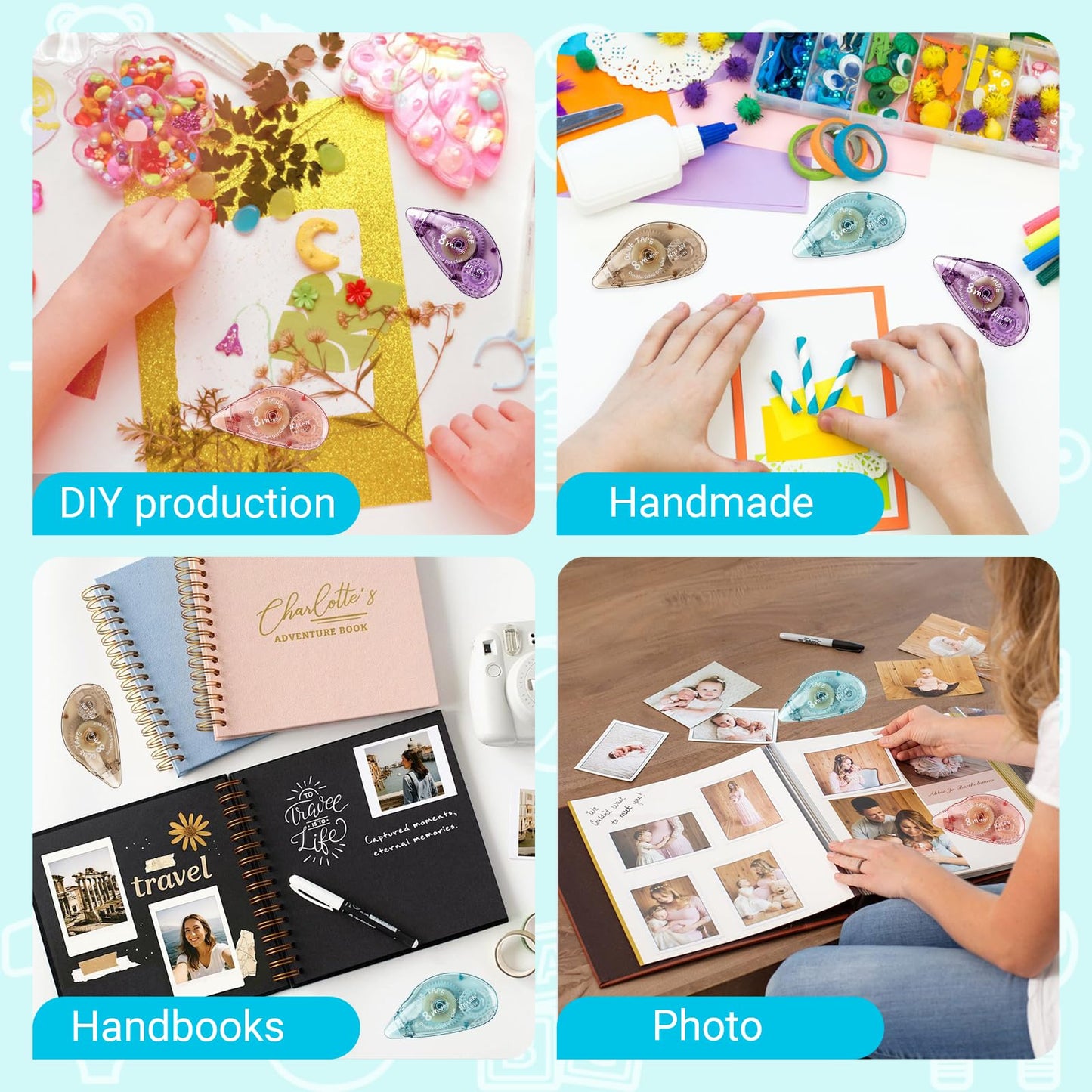 houlishu 8 Pcs Double Sided Tape Roller, Scrapbook Supplies, Double-Sided Adhesive Tape Runner for Wrapping, Paper Handicraft,Crafts Gift Wrap and Arts Projects