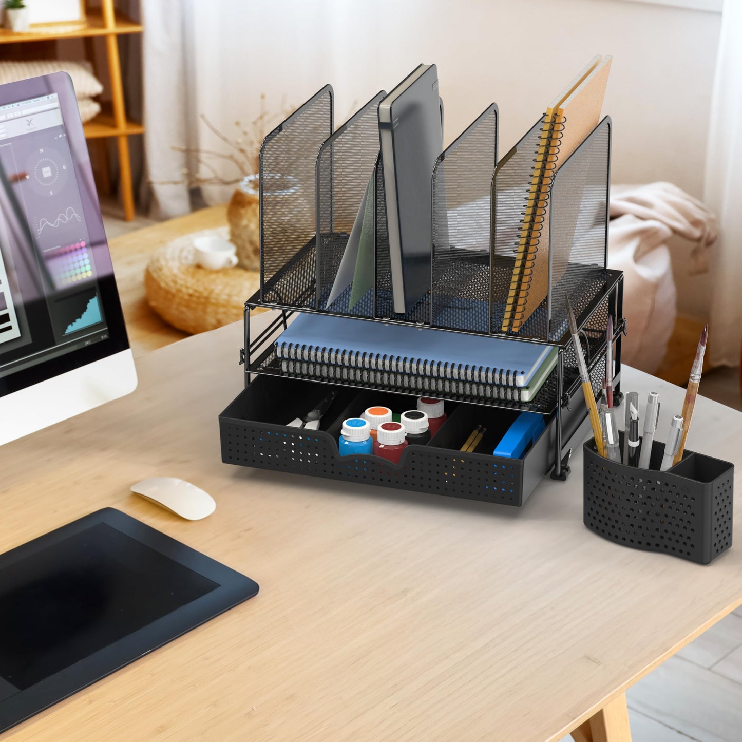 Simple Houseware Mesh Desk Organizer with Sliding Drawer, Double Tray and 5 Upright Sections, Black