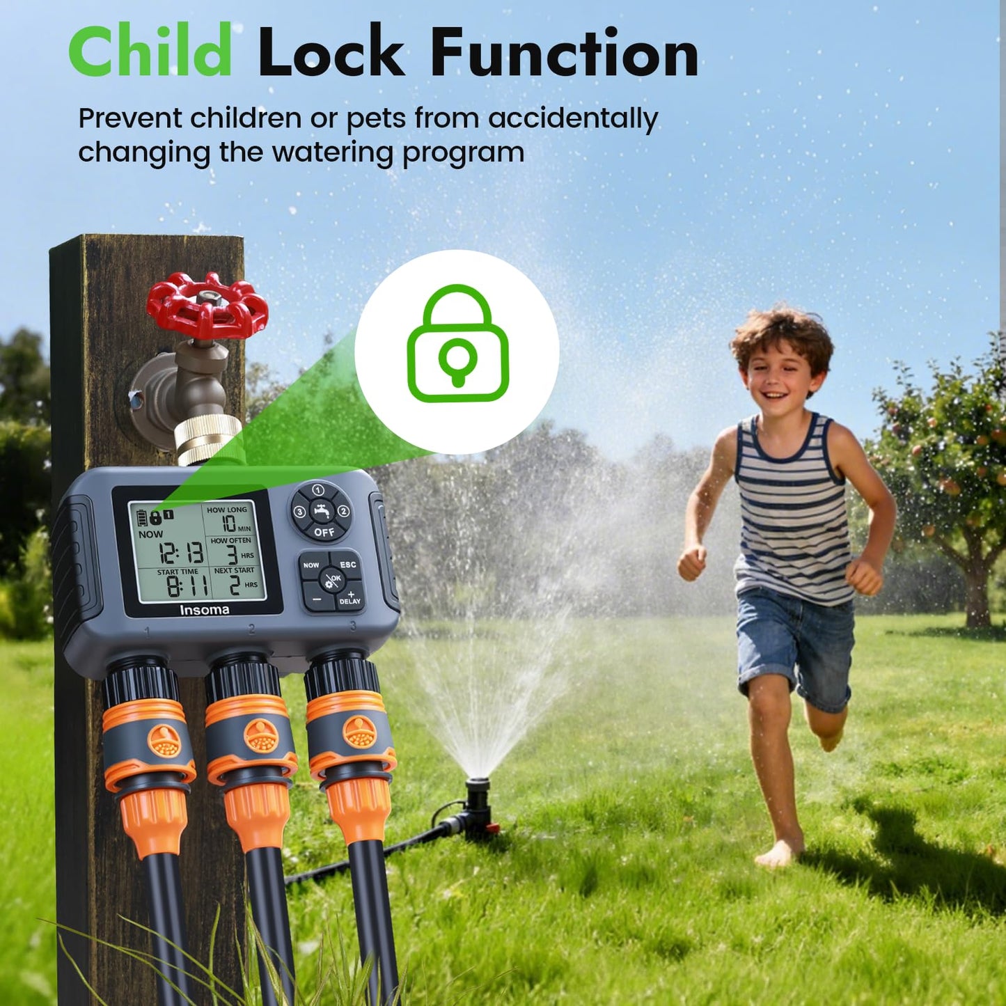 Insoma Water Timer with Brass Inlet, 3 Independent Zones Outdoor Hose Timer for Garden Faucet with Auto/Manual/Rain Delay Mode, IPX5 Waterproof, Sprinkler Irrigation Controller for Yard Lawn