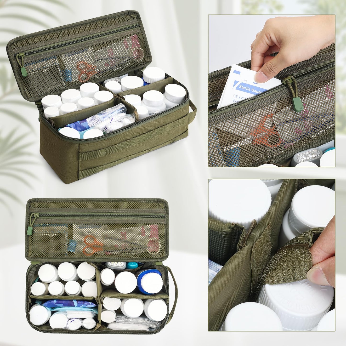 QISVVE First Aid Bag Empty Pill Box Organizer,Tactical Medical Bag Case,Portable EDC Travel Medicine Pill Bottle Organizer (Green)
