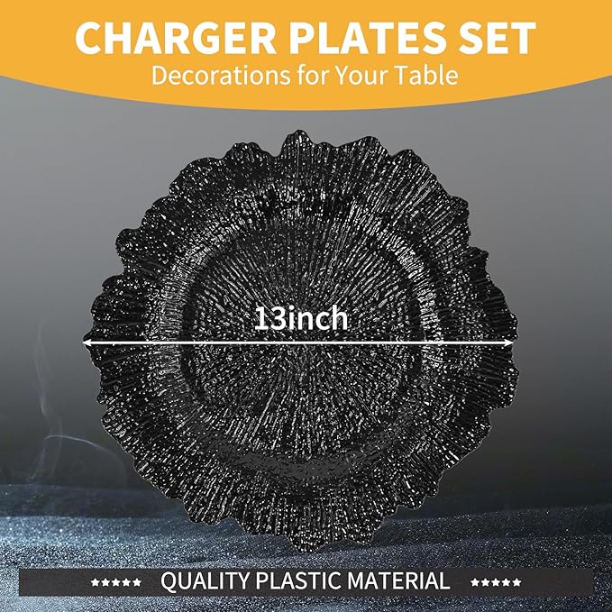 24 Pcs Black Charger Plates Bulk 13 Inch Plastic Charger Plates for Dinner Plate, Black Chargers for Table Setting, Reef Design Plate Floral Decorative Round Chargers for Wedding Party, Event