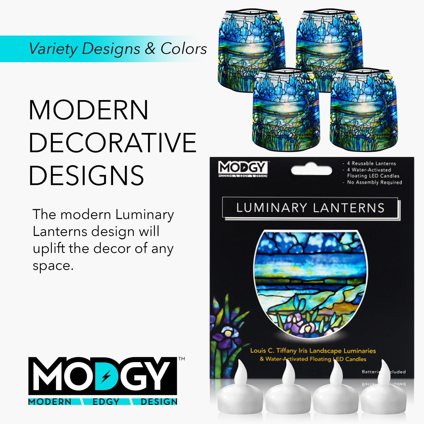 MODGY Luminary Lanterns Floating LED Candles with Batteries Included - Luminaries are Great for Weddings, Parties, Patios & Celebrations of All Kinds (Iris), Pack of 4