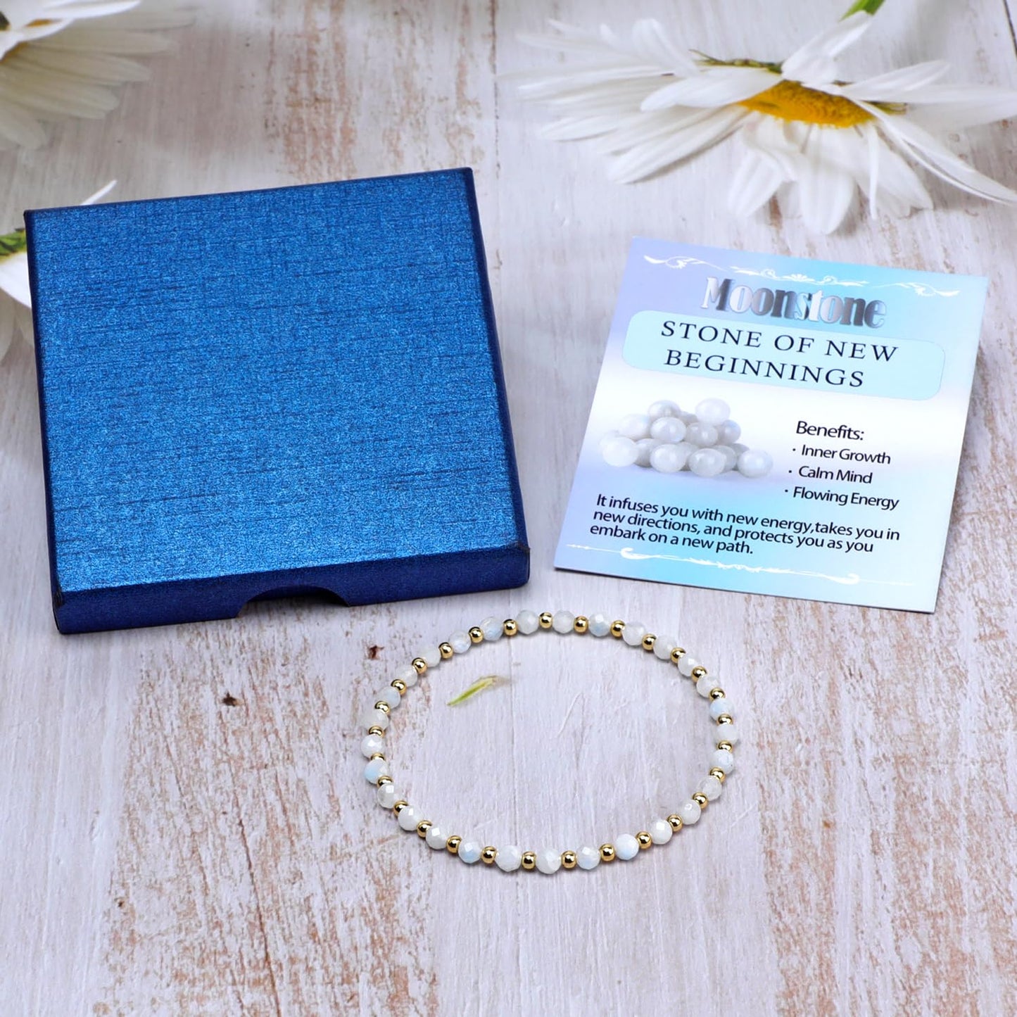 QOGIR Moonstone - New Beginnings - 14K Gold Plated Beads Natural Gemstone Stretch Elastic Dainty Healing Beaded Bracelets Gifts 4mm