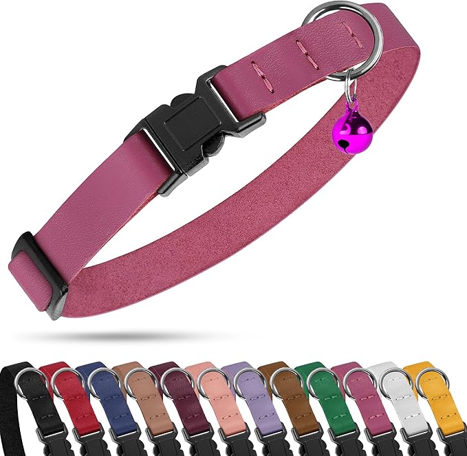 Breakaway Cat Collar with Bell - Leather Adjustable Kitten Collars with Safety Quick Release Buckle - Soft Small Pet Collars for Girl & Boy Cats (Green)