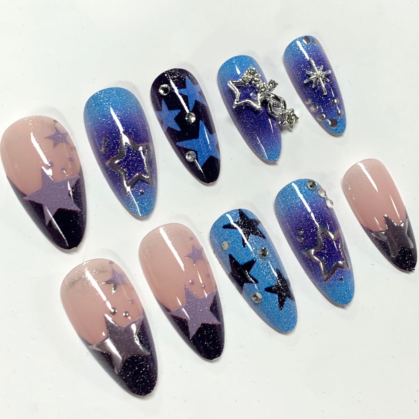 BABALAL Press on Nails, Almond Medium Fake Nails, Blue Black Y2k, Silver Star Print, Gothic French Tip Reusable Bling Glue on False Nails 24Pcs