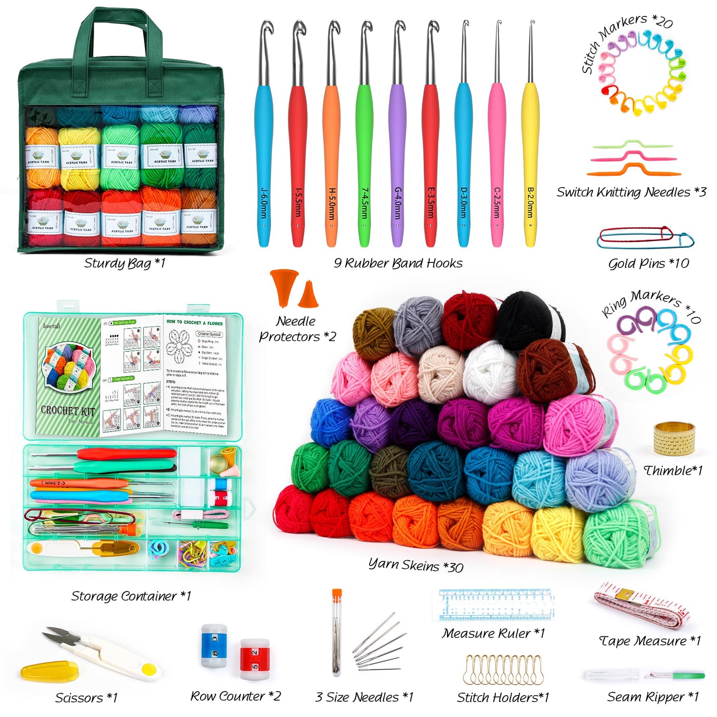 INSCRAFT Crochet Yarn Kit for Beginners Adults and Kids, Includes 1650 Yards 30 Colors Acrylic Skeins, User Manual, Hooks, Dark Grass Bag etc, Make Amigurumi & Projects, Starter Set for Professionals