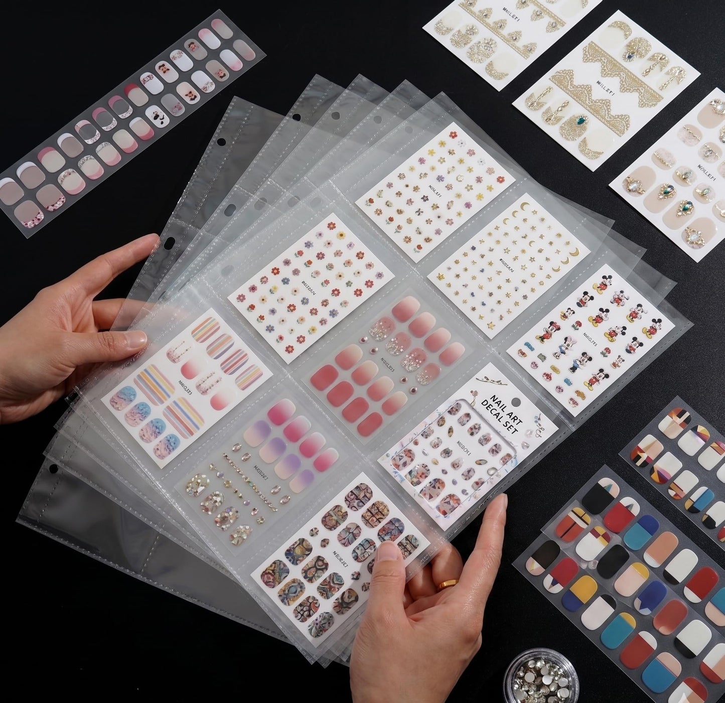 3-in-1 Press On Nail Storage Book,A4 Nail Art Organizer, 2/4/9-Pockets A4 Binder for Nail Stickers, Stamping Plates, and Press-on Nails, Professional Decal Holder for Nail Techs;sticker organizer