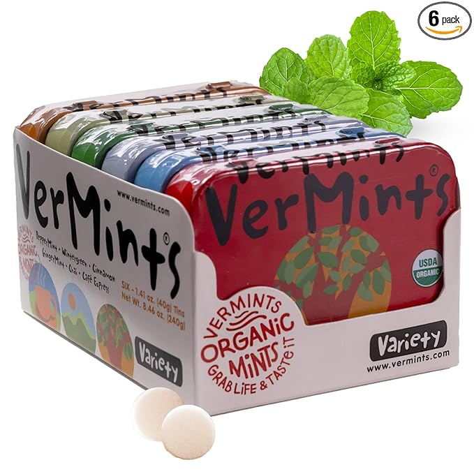 VerMints Organic Breath Mints – Peppermint, Ginger, Wintergreen, Cinnamon, Chai & Cafe Express Flavored Mints - Non-GMO, Gluten-Free, Vegan & Kosher Healthy Refresh - 1.41oz – 6 Variety Travel Tins