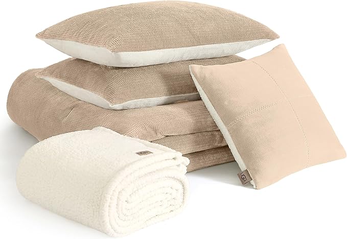 UGG Remina Comforter Set 5 Piece Bed in a Bag with Throw Blanket, Decorative Pillow, Shams, and Reversible Comforter Hypoallergenic Washable Luxury Plush Warm Fluffy Bedding Set, King, Brown Birch