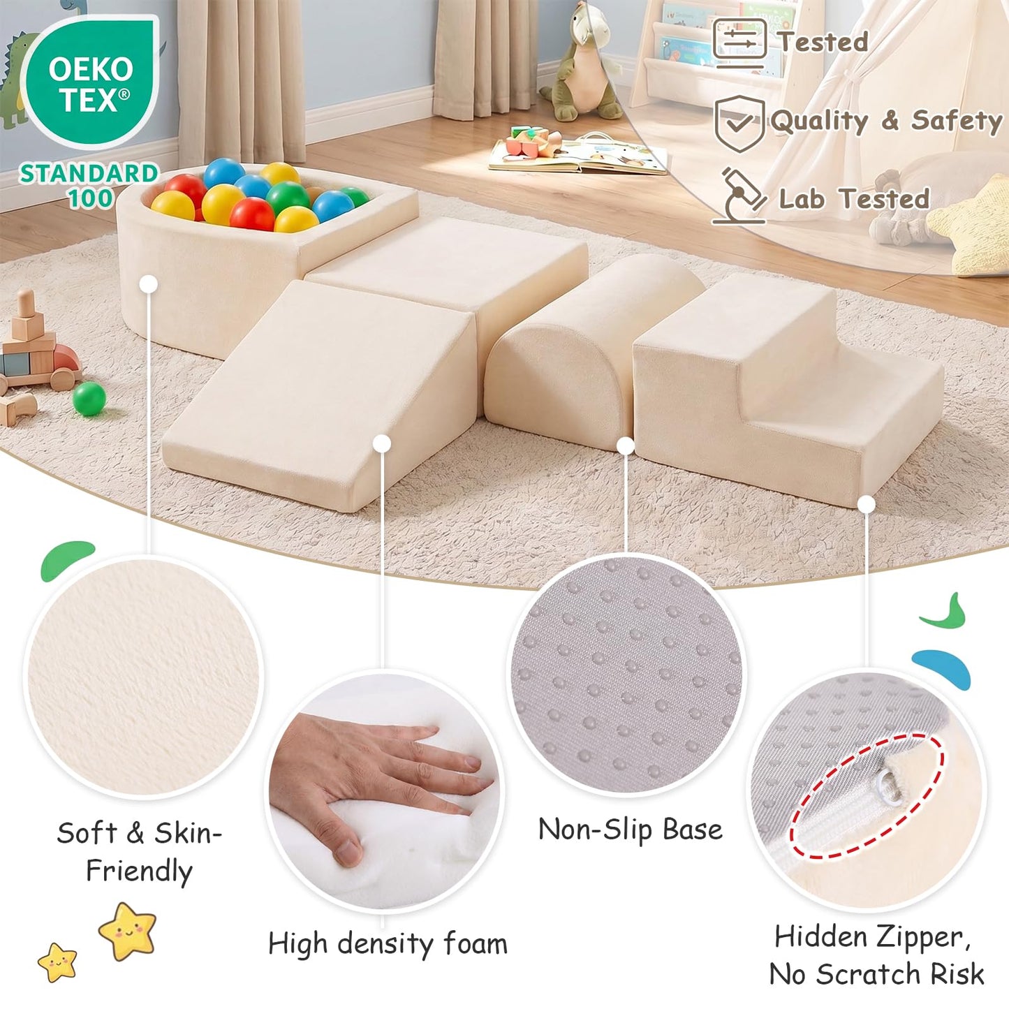 Tiita Foam Climbing Blocks with Small Ball Pit Playground for Baby, Climb and Crawl Playset 5-Piece - Indoor Soft Play Climber for Playtime Fun, Beige