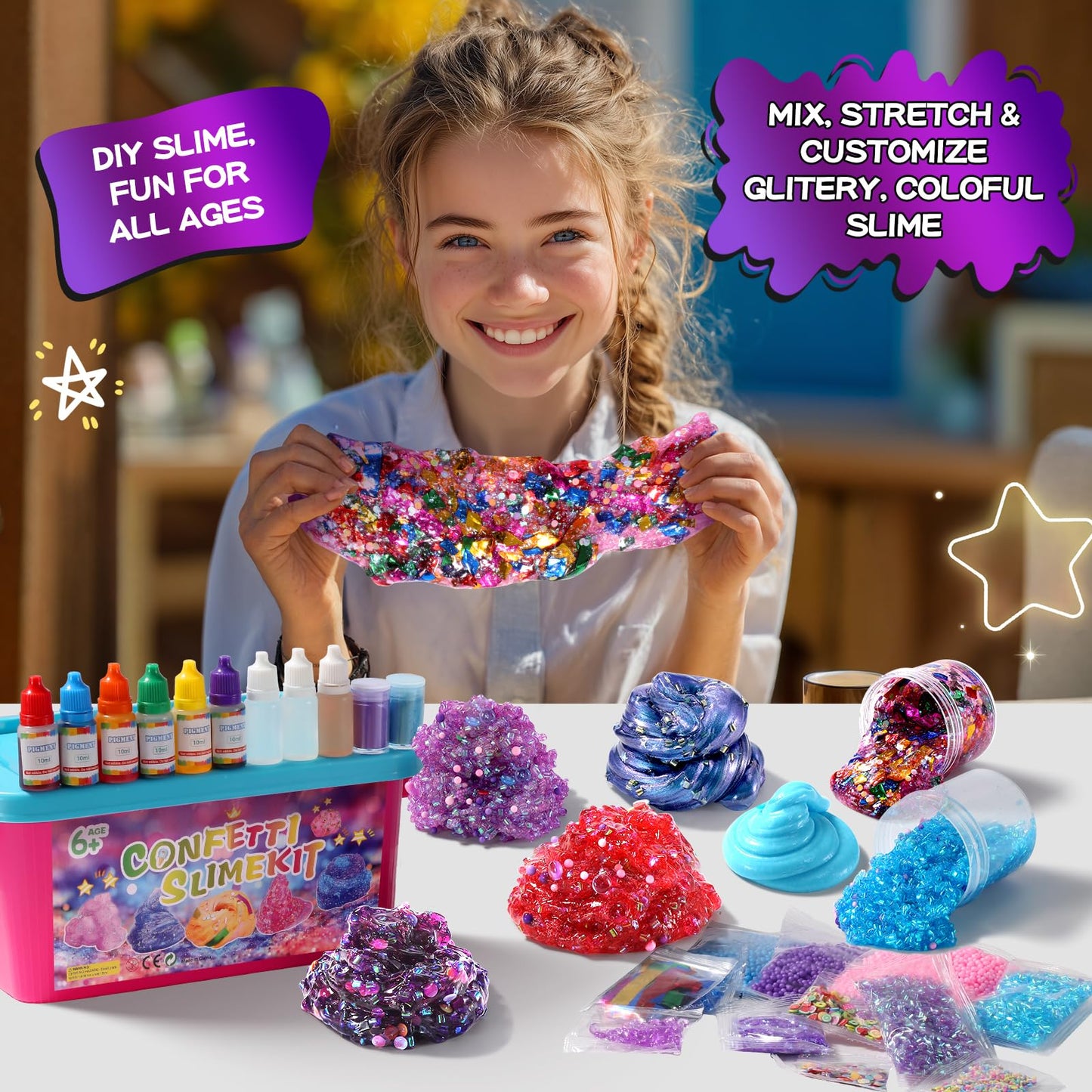 pokujyrt Confetti Slime Kit, Sparkling Slime Making Kit, DIY Craft Set with Clear Glue, Colors, and Decorations, Ages 6+
