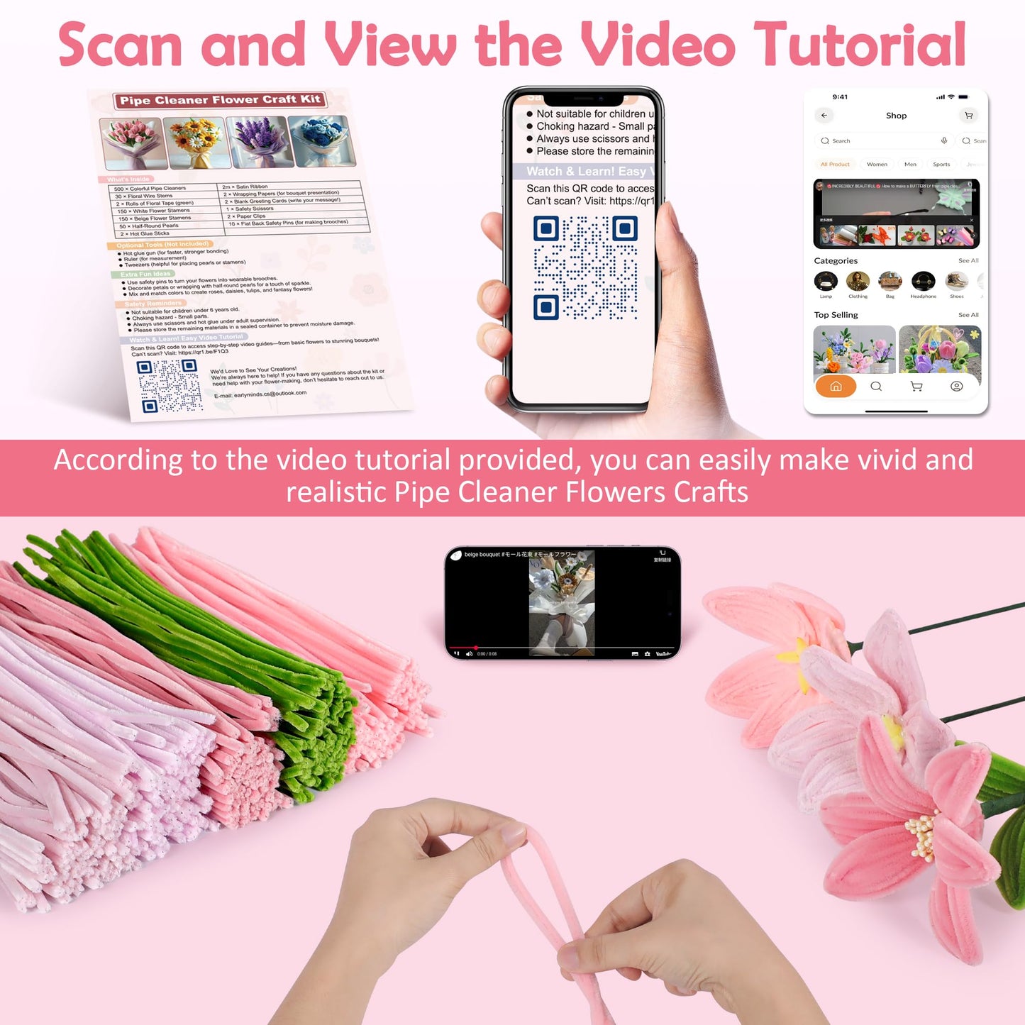 EARLY MINDS 500 Pcs Pipe Cleaners Craft Kit for Flower Making, DIY Bouquet Set with 8mm Chenille Stems, Step-by-Step Tutorial, Floral Wire, Ribbon & Tools for Handmade Gifts and Decor, Pink