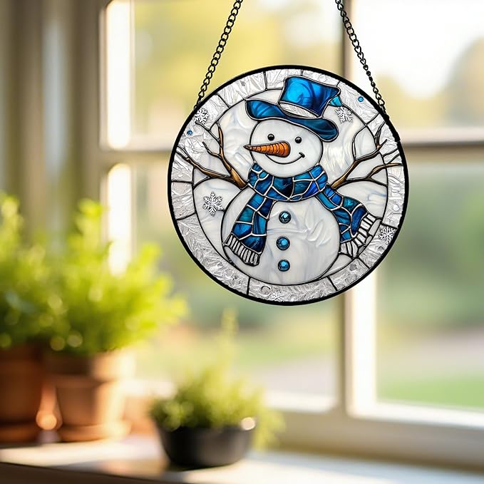 Stained Glass Window Hanging Christmas Snowman Blue White 7.8" - Suncatcher Door Garden Sun Catcher Home Decor Birthday Mother's Day Xmas Gift for Mom Men Woman Her Nana Parents Girl
