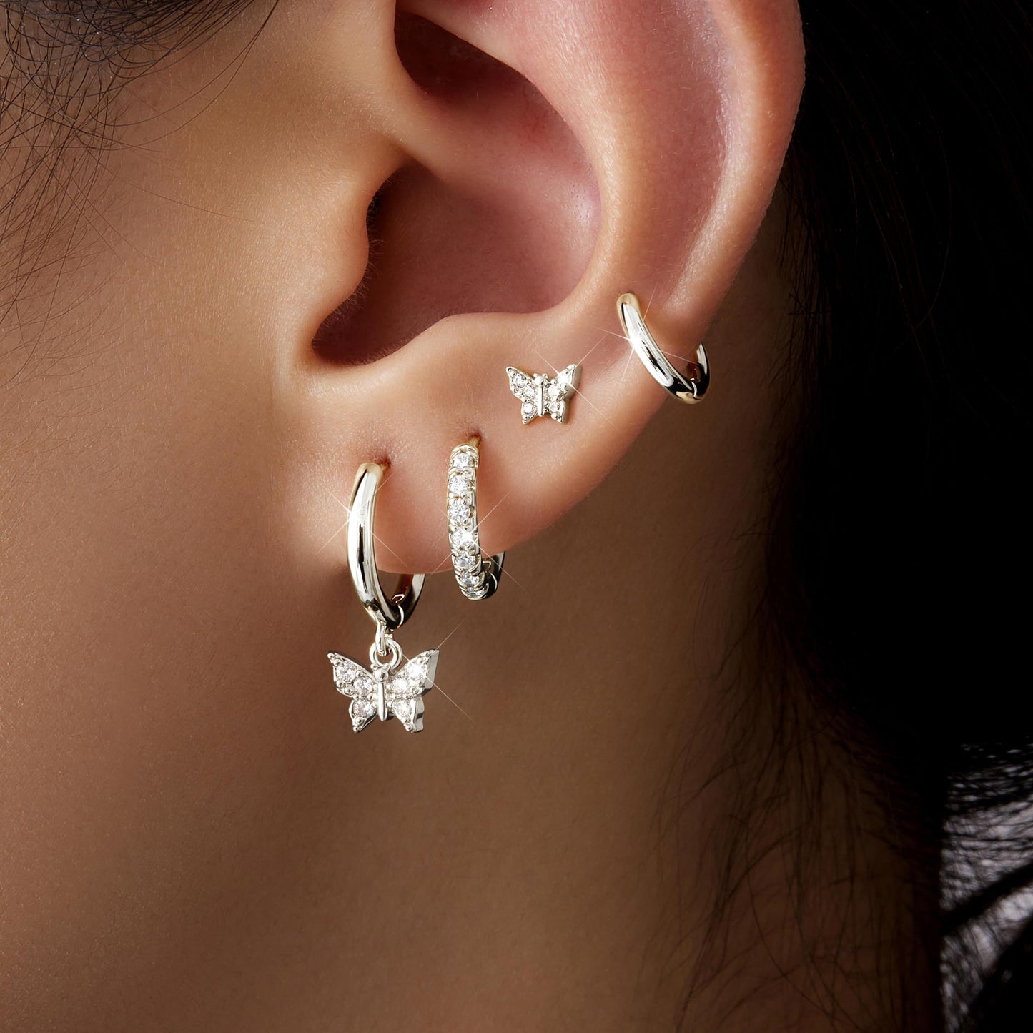 Silver Butterfly Earrings for Women, Huggie Small Stack Cartilage Stud Hoop Earring Sets for Multiple Double Piercing, Conch Helix Rook Tragus Daith Piercing Silver Clip On Jewelry Set Gifts