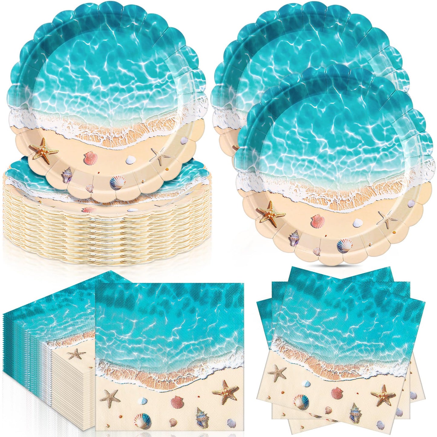 Funnymoom 96 Pieces Summer Beach Ocean Tableware Set for 48 Guests Include 48 Pcs 7 Inch Dessert Plates and 48 Napkins Watercolor Disposable Dinnerware for Hawaiian Holiday Birthday Party Supplies