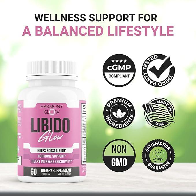 Harmony - Libido GLOW - Max Strength Libido Booster for Women | Heighten Sensitivity, Reduce Dryness, Energy Booster, Boost Desire & Mood | 9 Ultra Ingredients for Fast Results - 60 Capsules