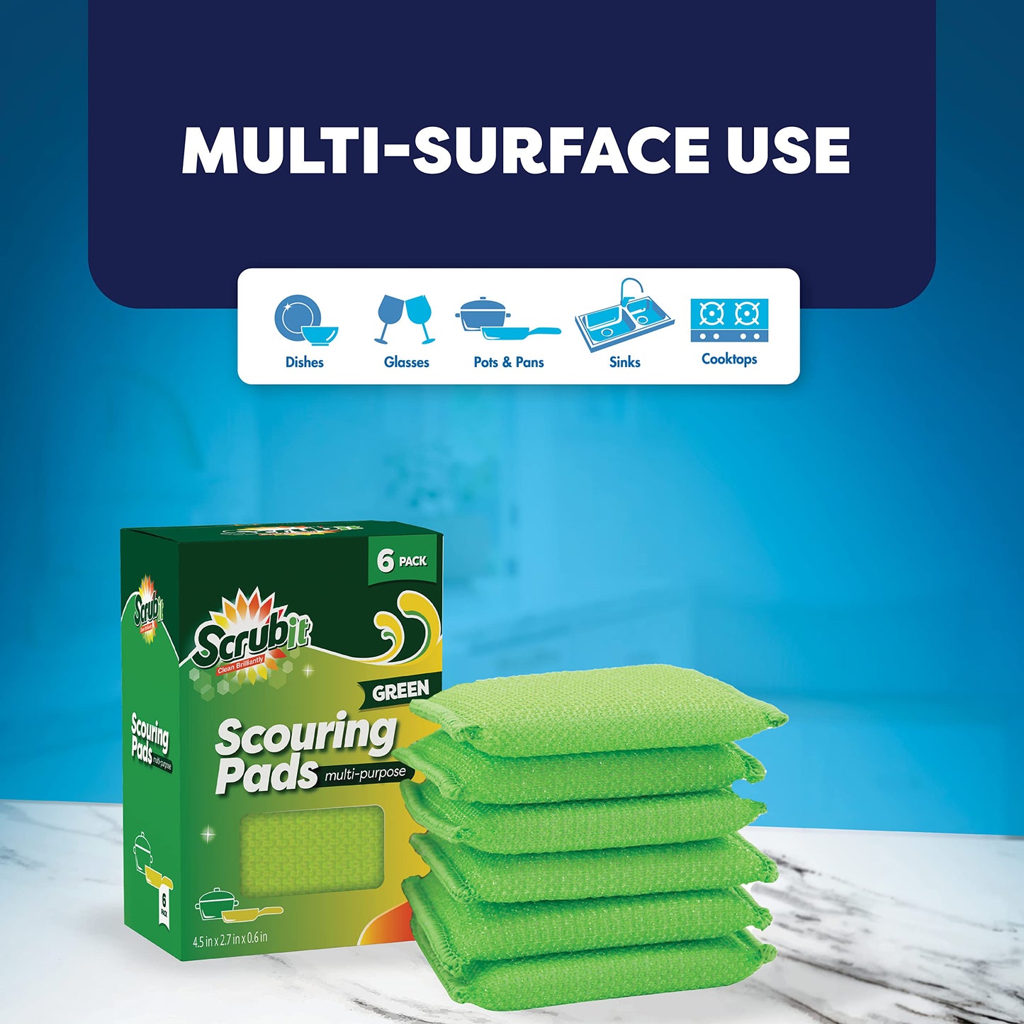 SCRUBIT Multi-Purpose Scouring Pad - Non-Scratch Cleaning Sponges for Pots, Pans, Dishes, Utensils & Non-Stick Cookware - Scrubbing Pads Use for Kitchen, Bathroom - 6 Pack Dish Sponge (Green)