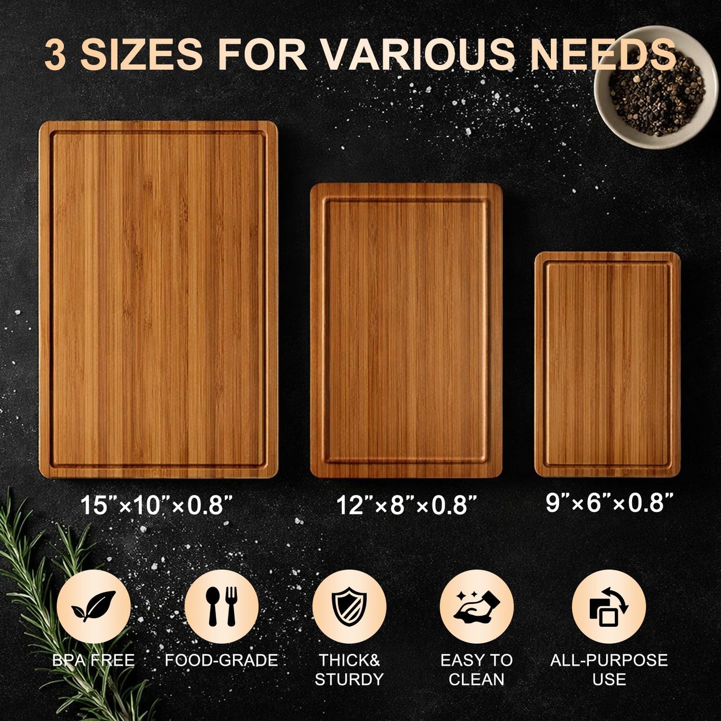 3 Pack Bamboo Cutting Board Set with Non Slip Solid Wood Cutting Boards Non Toxic Chopping Board for Kitchen Small Cutting Board Non Plastic Charcuterie Boards Meat Healthy Bread Cutting Board Sets