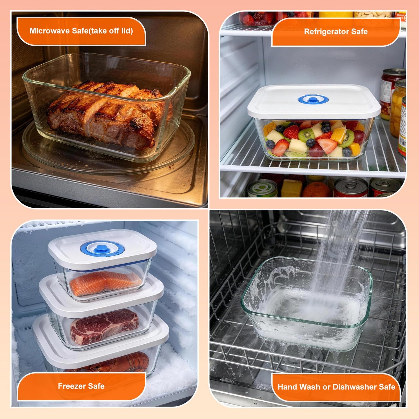 PARAPOINT Vacuum Seal Borosilicate Glass Containers for Food Storage, 4 Sizes (S M L XL) Compatible with Desktop and Handheld Vacuum Sealer Machines, Airtight Lid Set