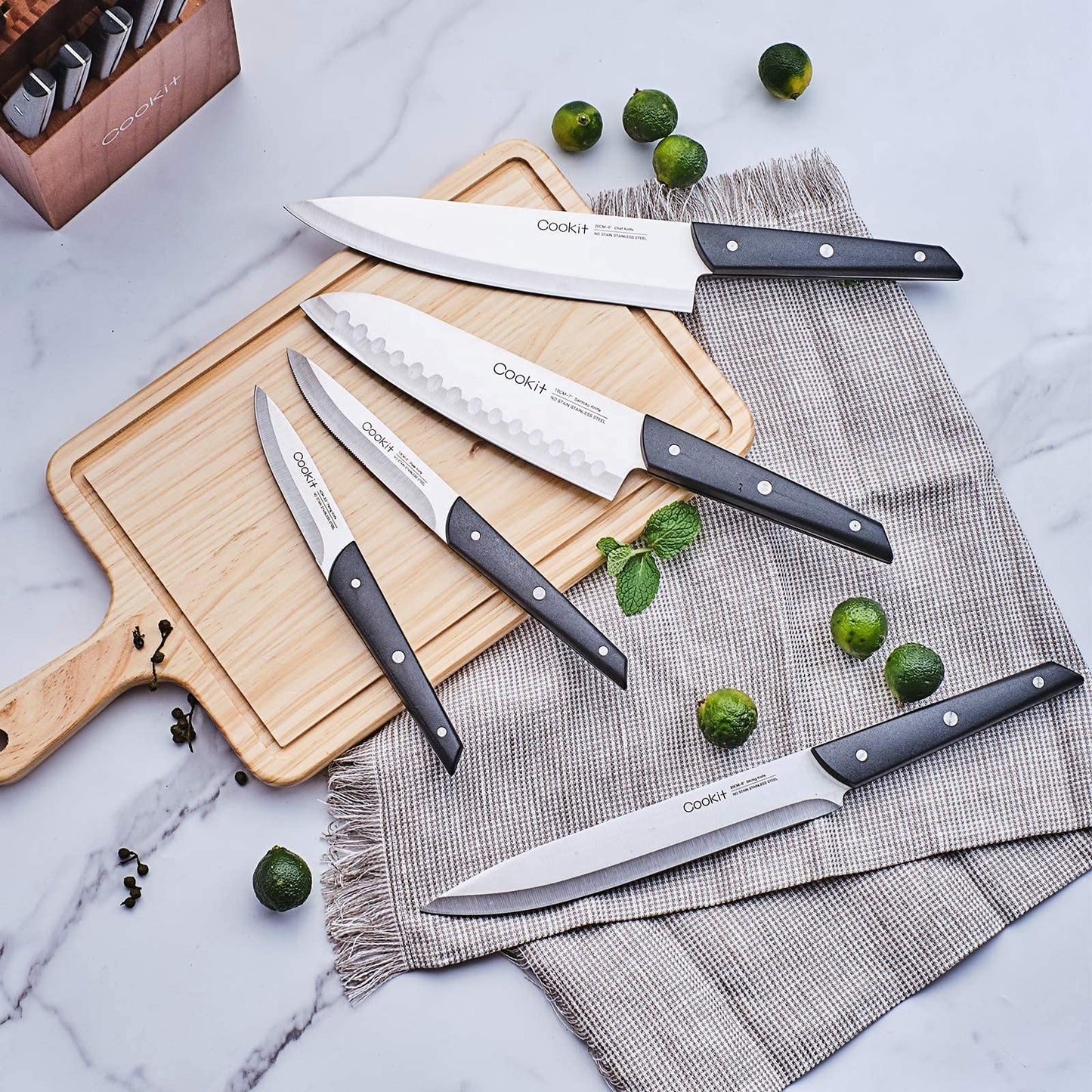 Knife Set with Block, Cookit 15 Pieces Kitchen Knife Set with Pine Block Holder, Knife Block Set with Sharpener, High Stainless Steel Knives with Comfortable-Grip ABS Handles
