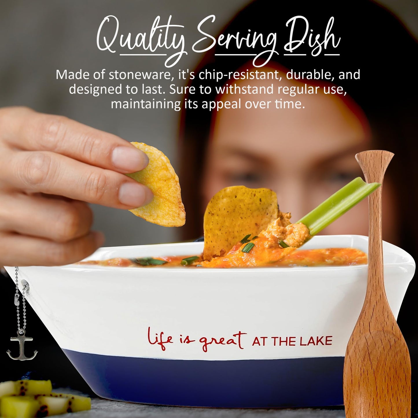 WP - At the Lake - 7" Boat Serving Dish with Oar, Blue, 12 oz