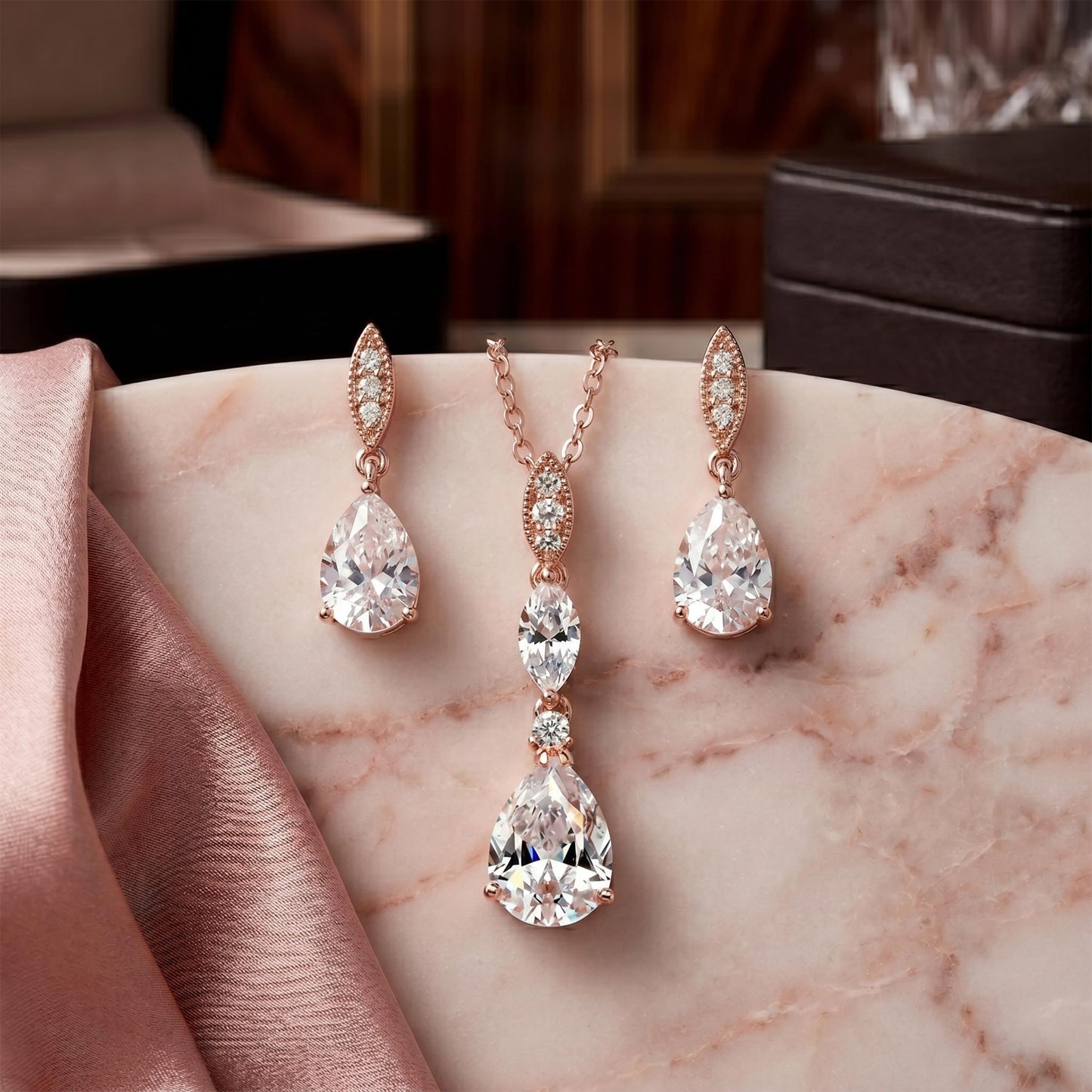 Mariell Bridal Wedding Necklace Earrings Set, 14K Rose Gold Plated CZ Pendant and Drop Earring for Bride, Bridesmaid