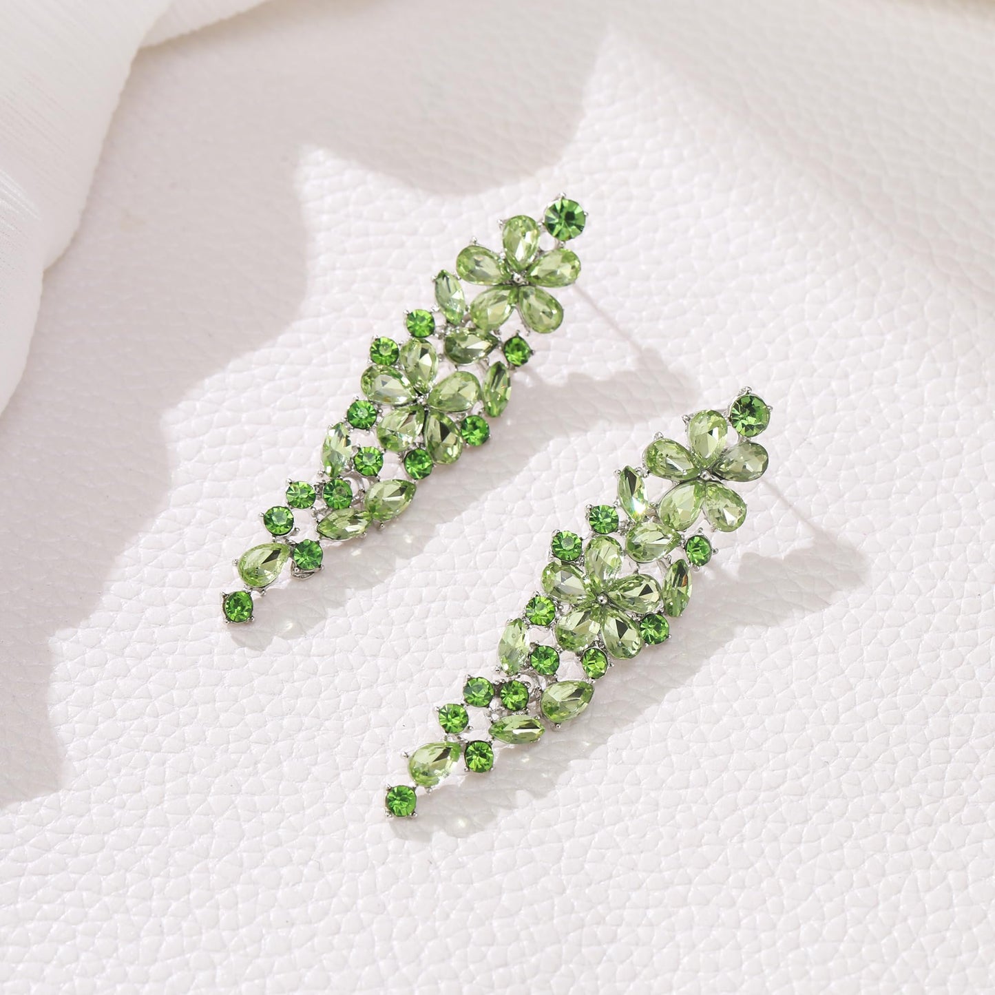 EleQueen Wedding Dangle Earrings, Elegant Floral Crystal Jewelry for Bride Bridesmaid Green Silver-Tone
