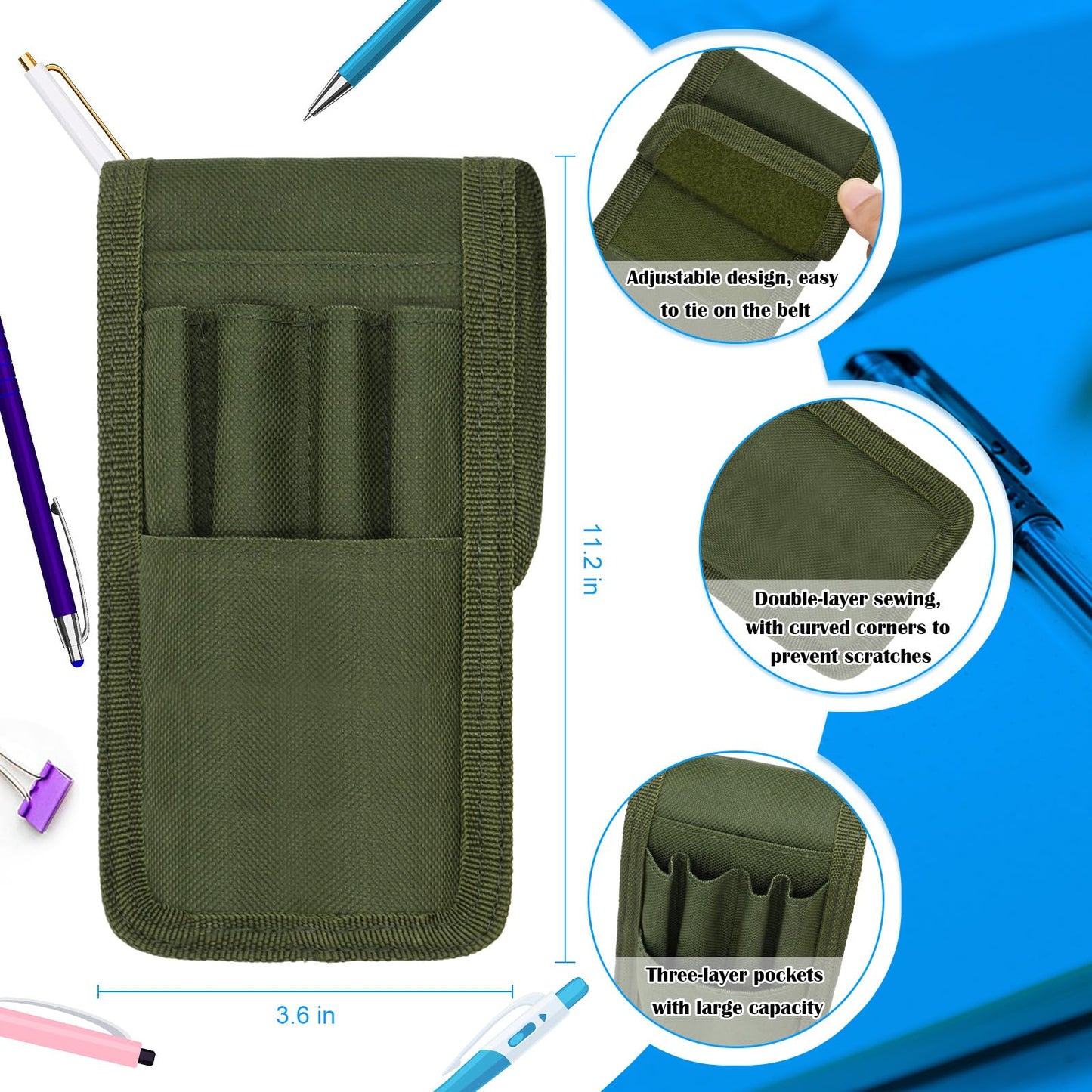 2 Pcs KATOLK Belt Pen Holder, Multifunctional Adjustable Tactical Pencil Pouch, Detachable Military Duty Pencil Sleeve Case, Can Hold Pens, Rulers and Scissors (Army Green)