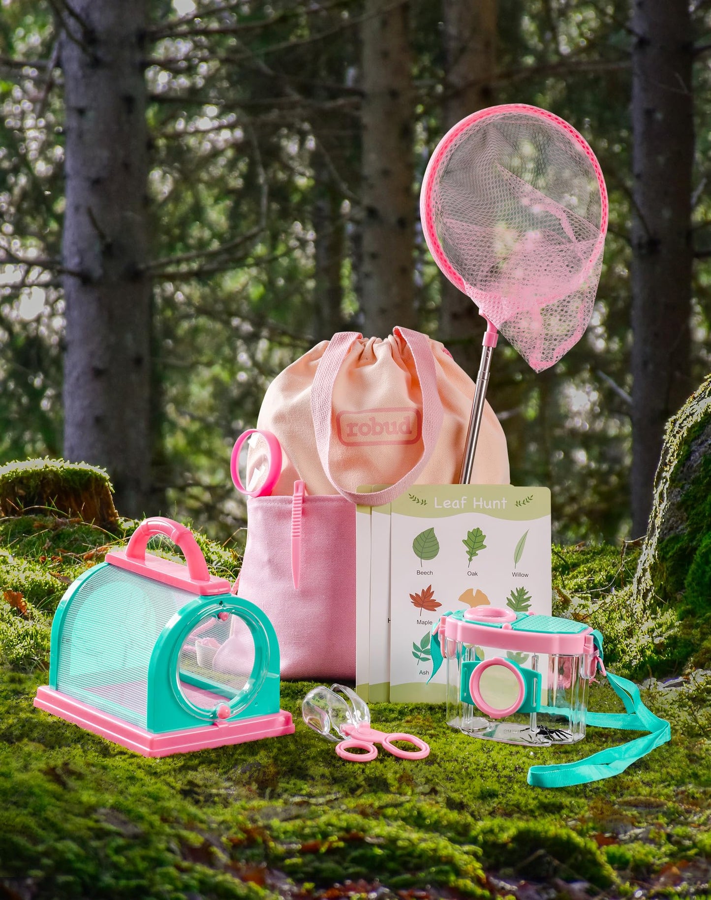 ROBUD Upgraded Bug Catcher for Kids, Bug Catching Kit with Bag Kit, Pink Outdoor Exploration Set for Camping, Montessroi Toy for Kids Coming Closer to Nature，WRP59