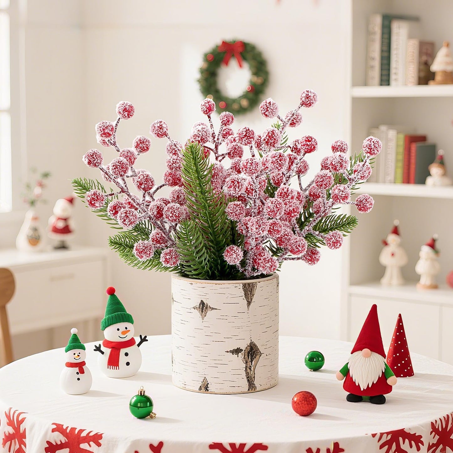Sherika 24 Pcs Artificial Christmas Snowy Holly Berry Stems 9" Red Frosted Berries Picks and Sprays for Christmas Tree Decorations Ornaments, DIY Craft Wreath Making Supplies Christmas Tree Decor
