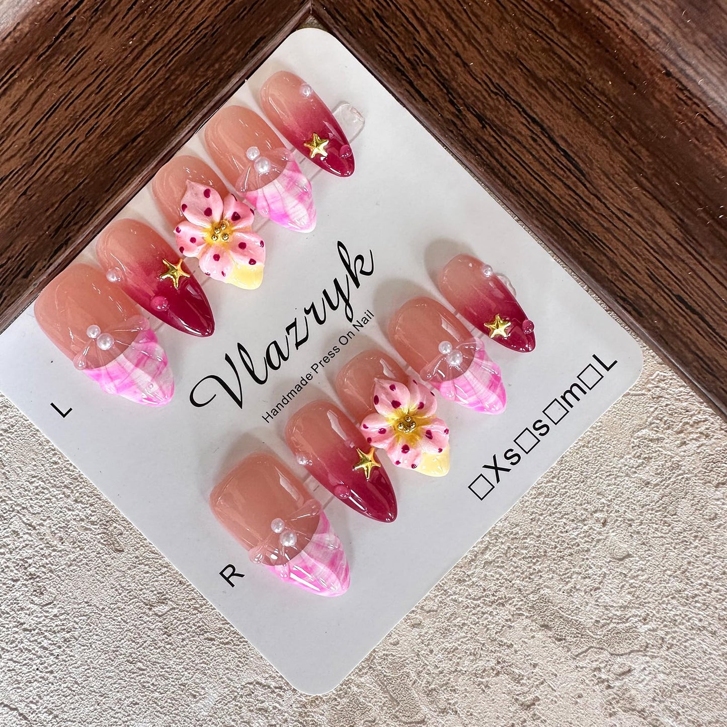 Handmade Press on Nails Wine Red Gradient,French Tip 3D Flower & Pearl Designs,Full Cover Medium Almond Fake Nails,Multi-Layer Gel Acrylic Stick on Nails for Women (10pcs) M SIZE
