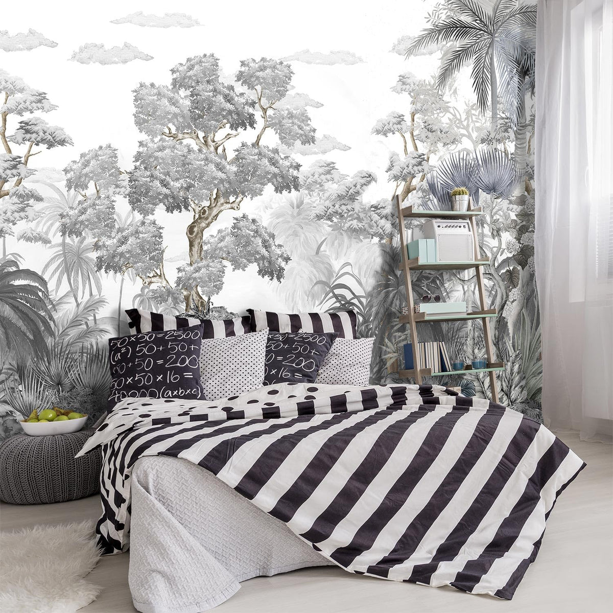 -Tropical Rainforest Botanical Grey Jungle Forest Fabric Wallpaper Living Room Palm Leaf Plant Bedroom Bathroom Large Wall Mural- 137"x96"（ not Peel and Stick）
