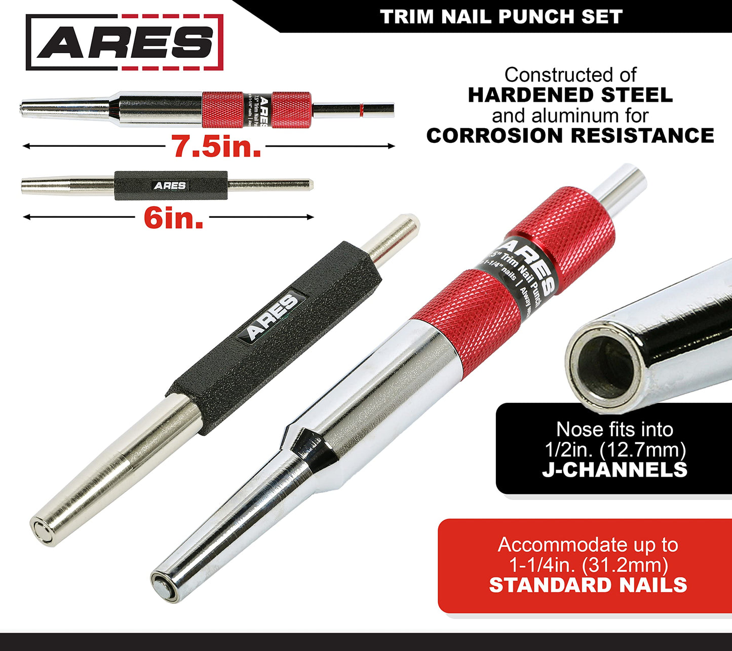 ARES 10117 2-Piece Trim Nail Punch Set 6-Inch and 7.5-Inch Punches Drive Nails Up to 1-1/4-Inch (31.2mm)