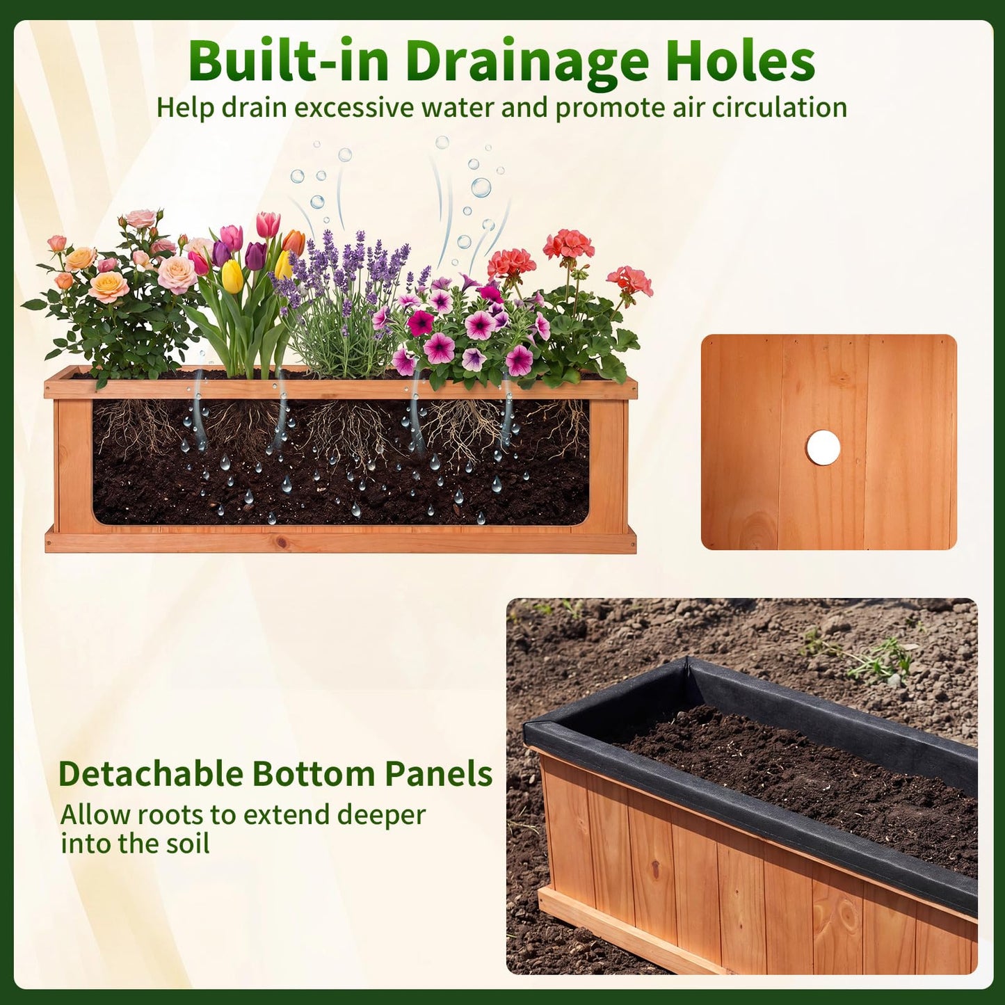 Giantex Raised Garden Bed with 3 Drainage Holes, 44”x10”x12” Wooden Elevated Planter Box w/Removable Bottom & Bed Liner, Elevated Flower Bed, Rectangular Plant Container for Vegetables Herbs & Fruits