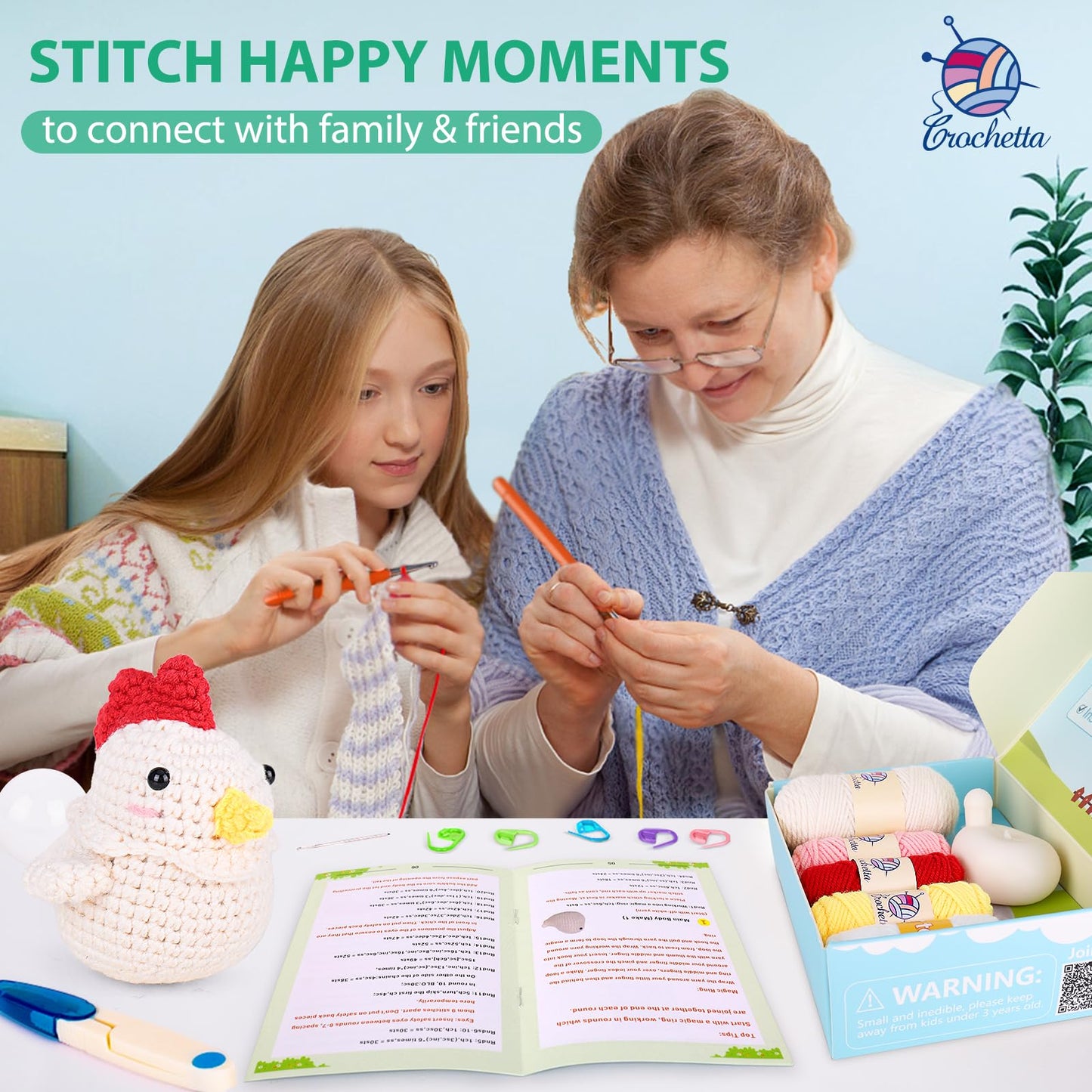 Crochetta Crochet Kit for Beginners, Squeeze Bubble Amigurumi Crocheting Kits w Step-by-Step Video Tutorials, Knitting Starter Supplies for Adults Kids, Anxiety Relief Bubble Chicken (40%+ Yarn)