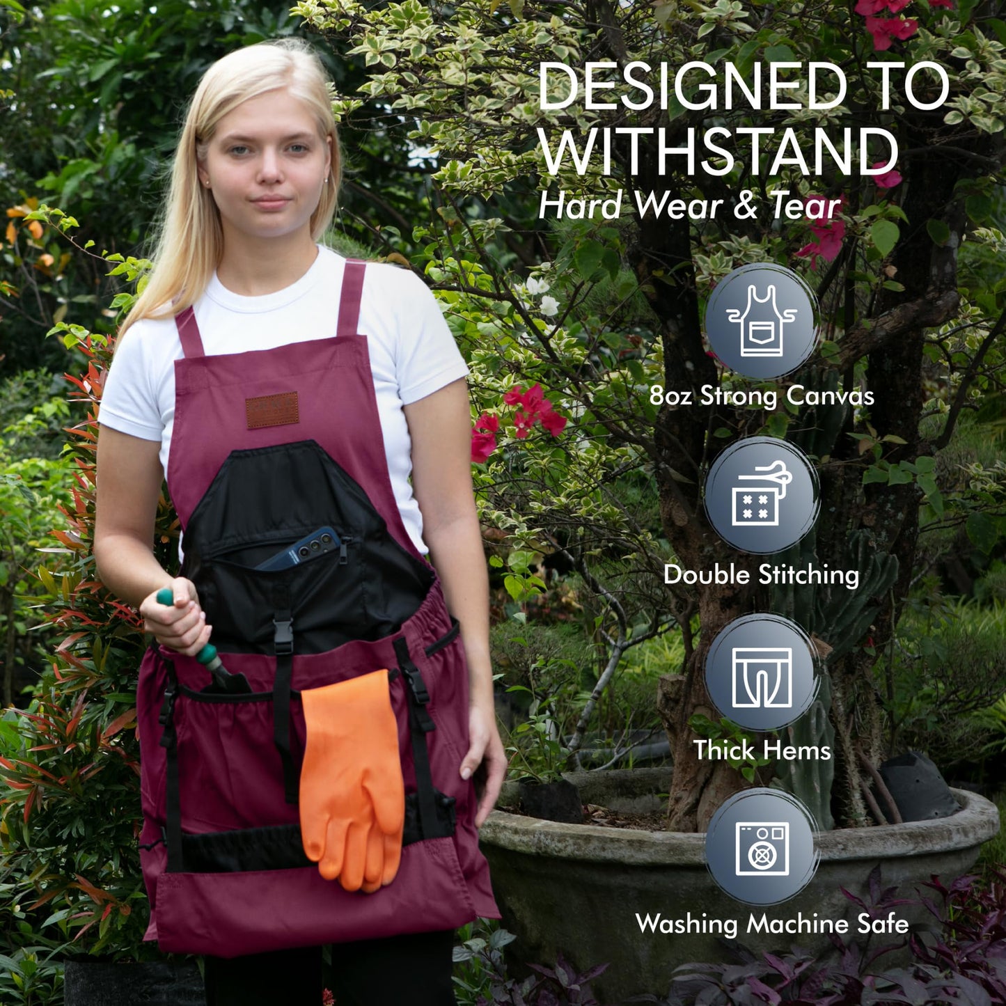 Grace and August Gardening Apron with Pockets for Women & Men - Unique Gardening Gift for Gardeners - Garden Apron 7 Pockets & Internal Drawstring Bag