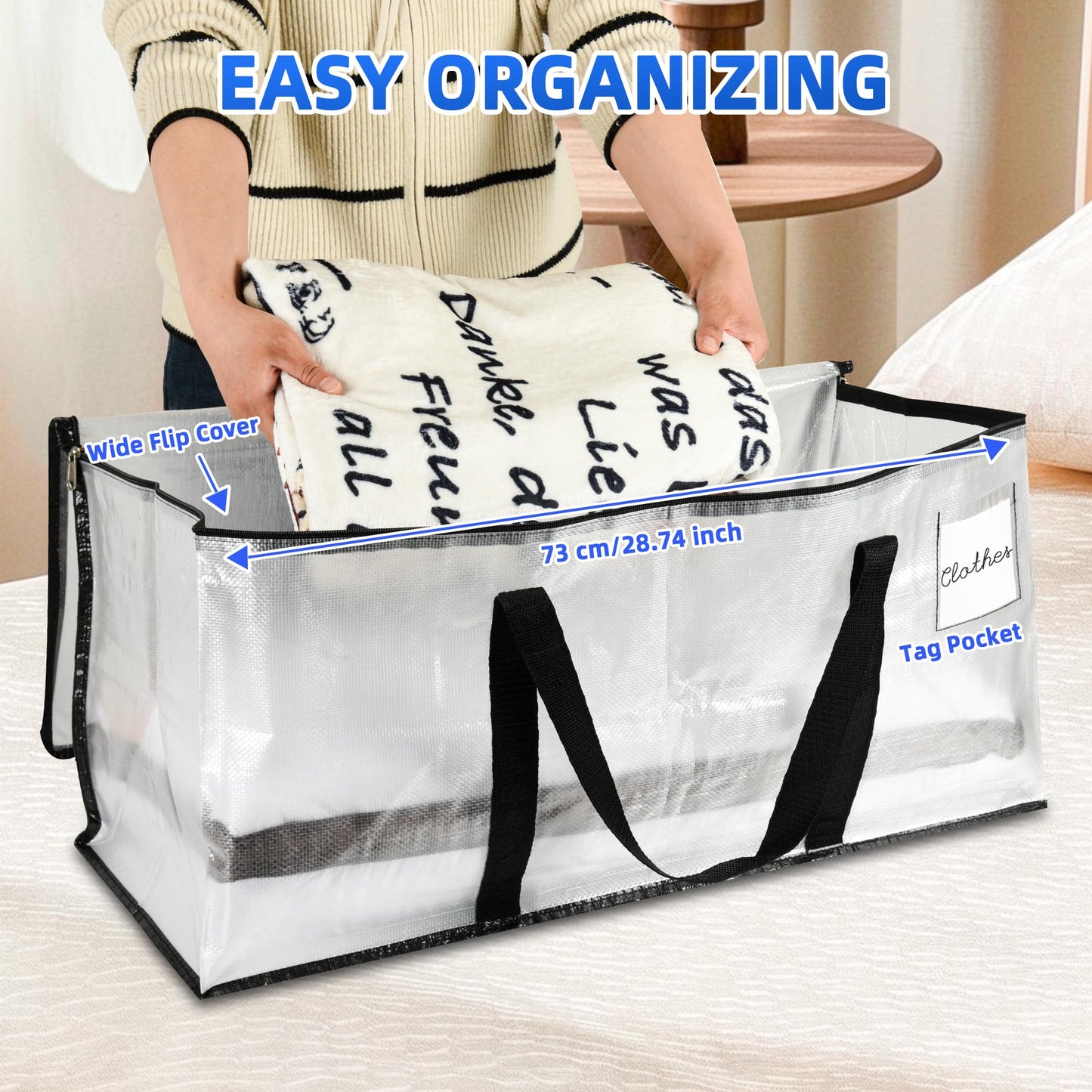 Uprimeasy Large Moving Bags, 2 Pack Heavy Duty Storage Bags with Wrap Handles & Zippers, Space Saving Storage Totes with Clear Window & Tag Pocket, Alternative to Moving Boxes (Clear)