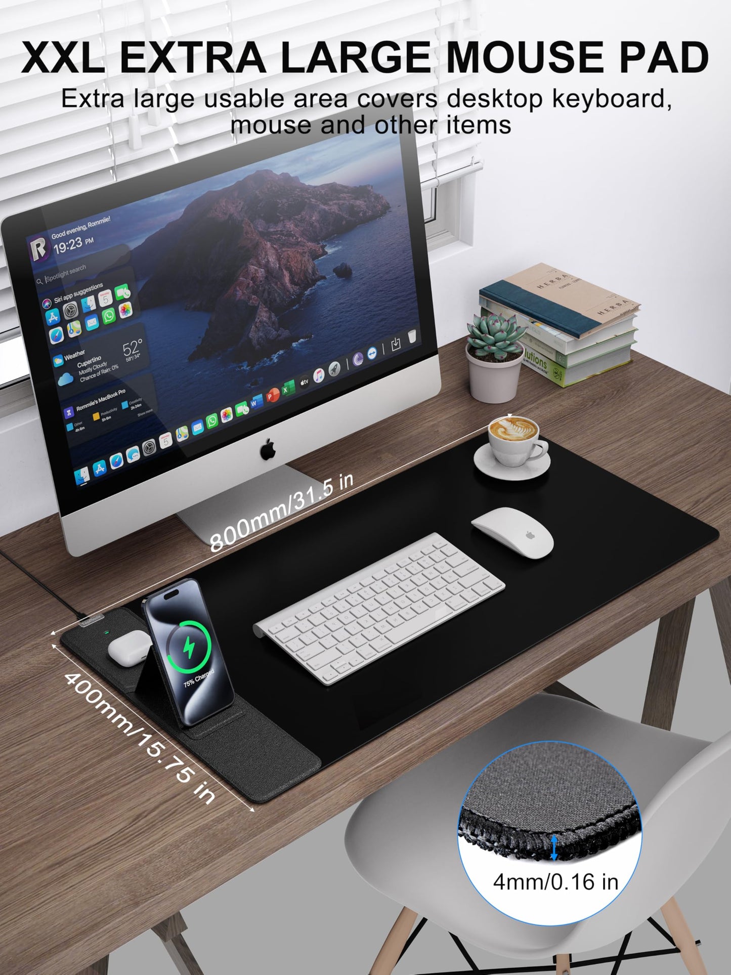 Wireless Charging Mouse Pad with Foldable Phone Holder, 31.5" x 15.8" XXL Large Desk Pad, Gaming Mousepad with Ultra-Smooth Surface, Non-Slip Base, Black Waterproof Desk Mat, with 20W PD Charging Kit
